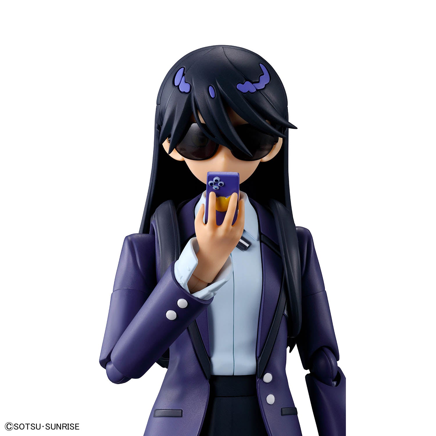 Figure-rise Standard Nyaan in a purple outfit with sunglasses holding a phone, branded with Sotsu-Sunrise.