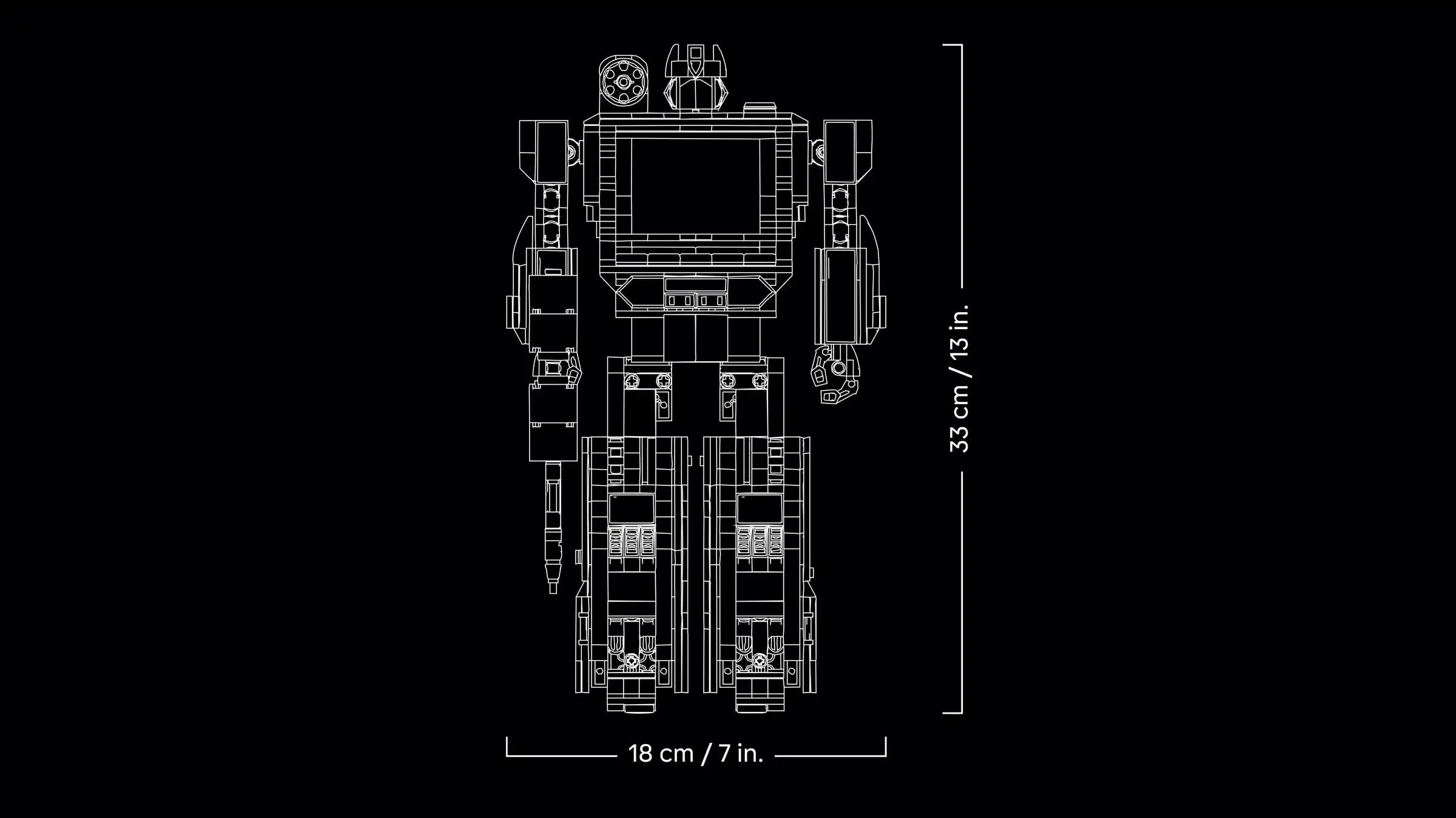 Technical drawing of LEGO 10358 Transformers: Soundwave with dimensions on a black background