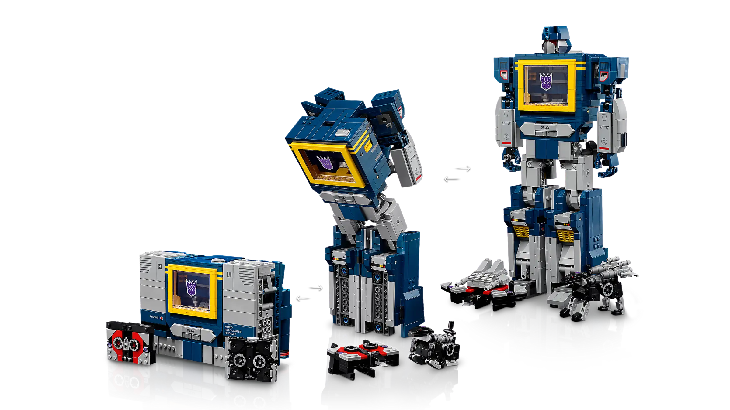 Transforming robot LEGO 10358 Transformers: Soundwave set with blue and yellow color scheme on a white background
