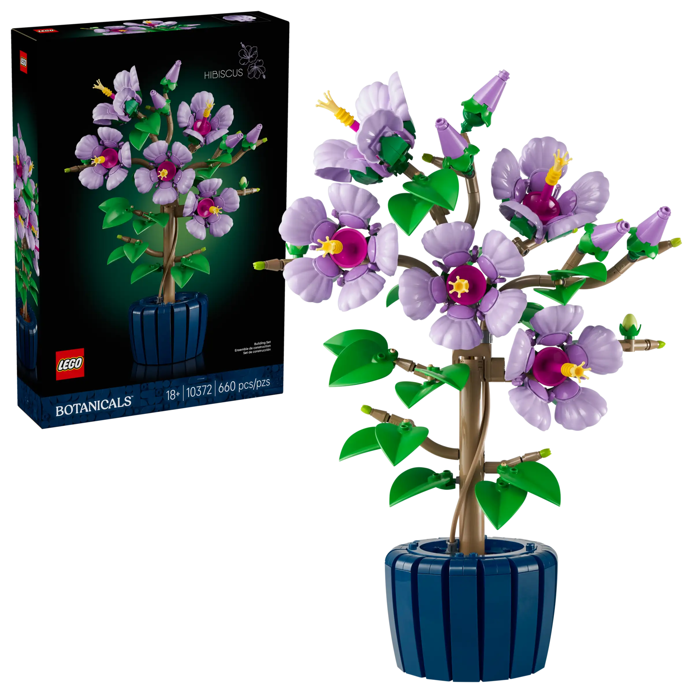 LEGO Botanicals set LEGO 10372 Hibiscus in a blue pot, next to its packaging.