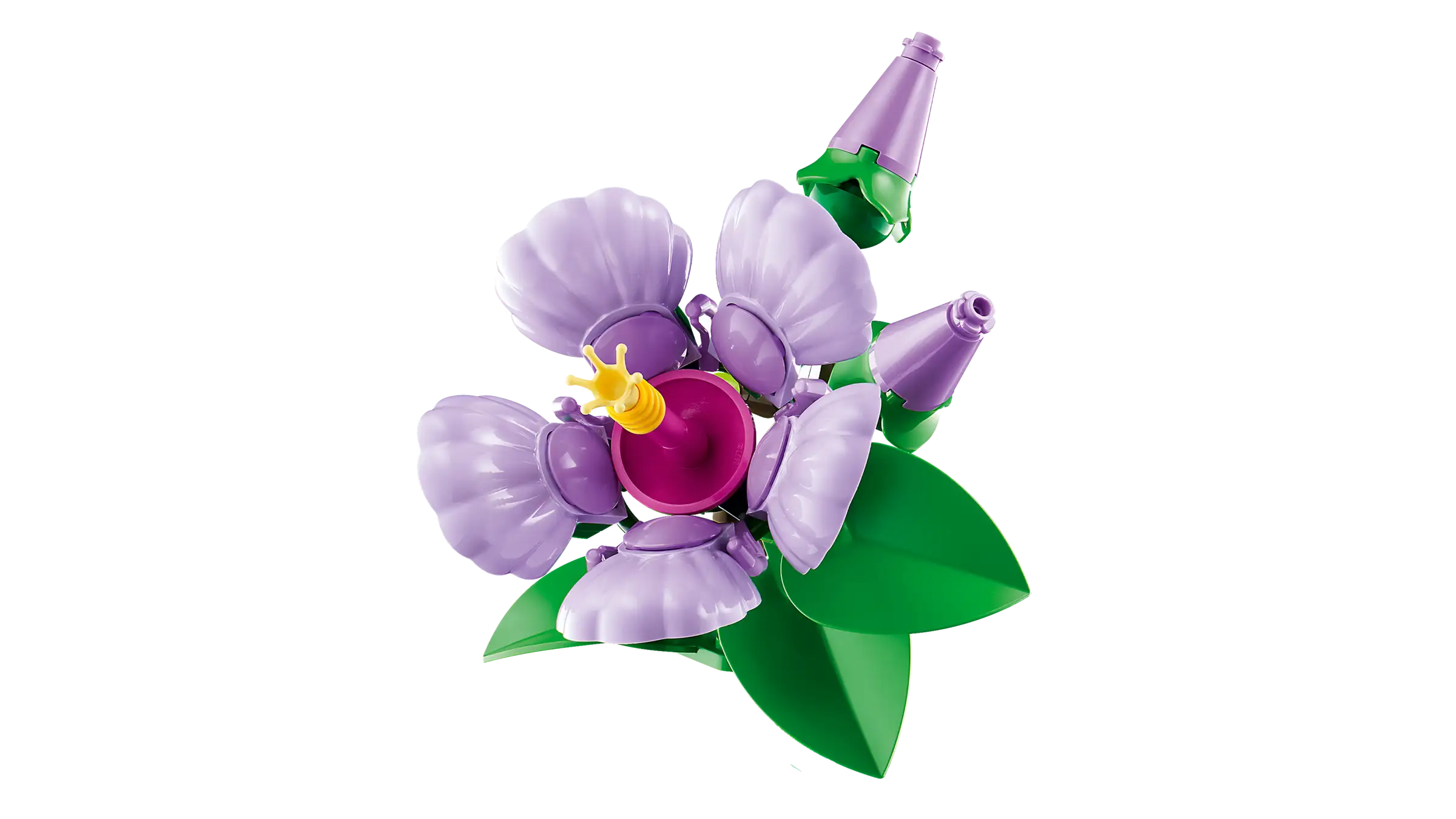 LEGO 10372 Hibiscus of a purple flower with green leaves on a white background