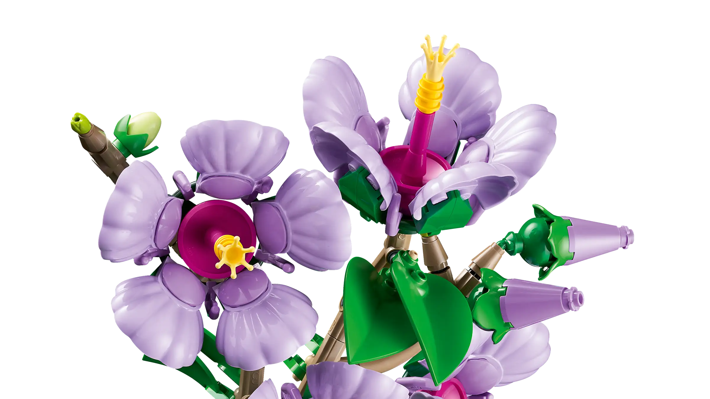 LEGO 10372 Hibiscus set with purple flowers and green leaves on a white background