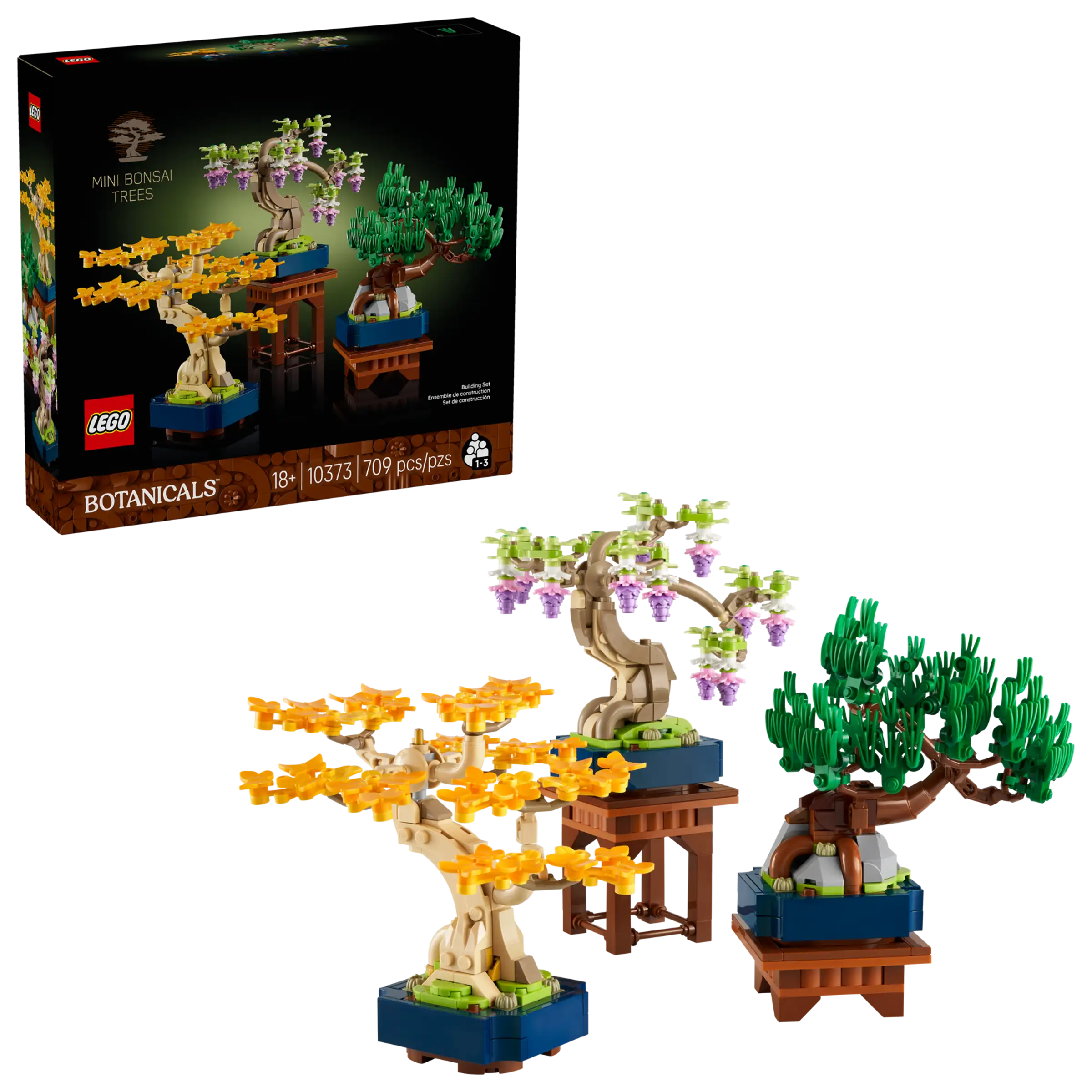 LEGO Botanicals set - LEGO 10373 Mini Bonsai Trees with three bonsai trees and packaging on a white background