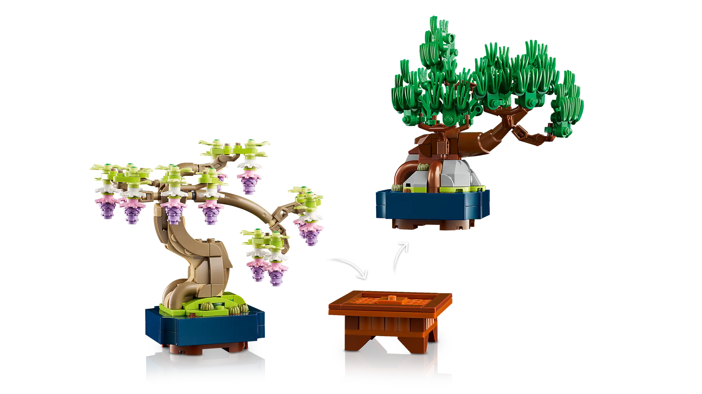 LEGO bonsai tree set with a small table and water fountain on a white background