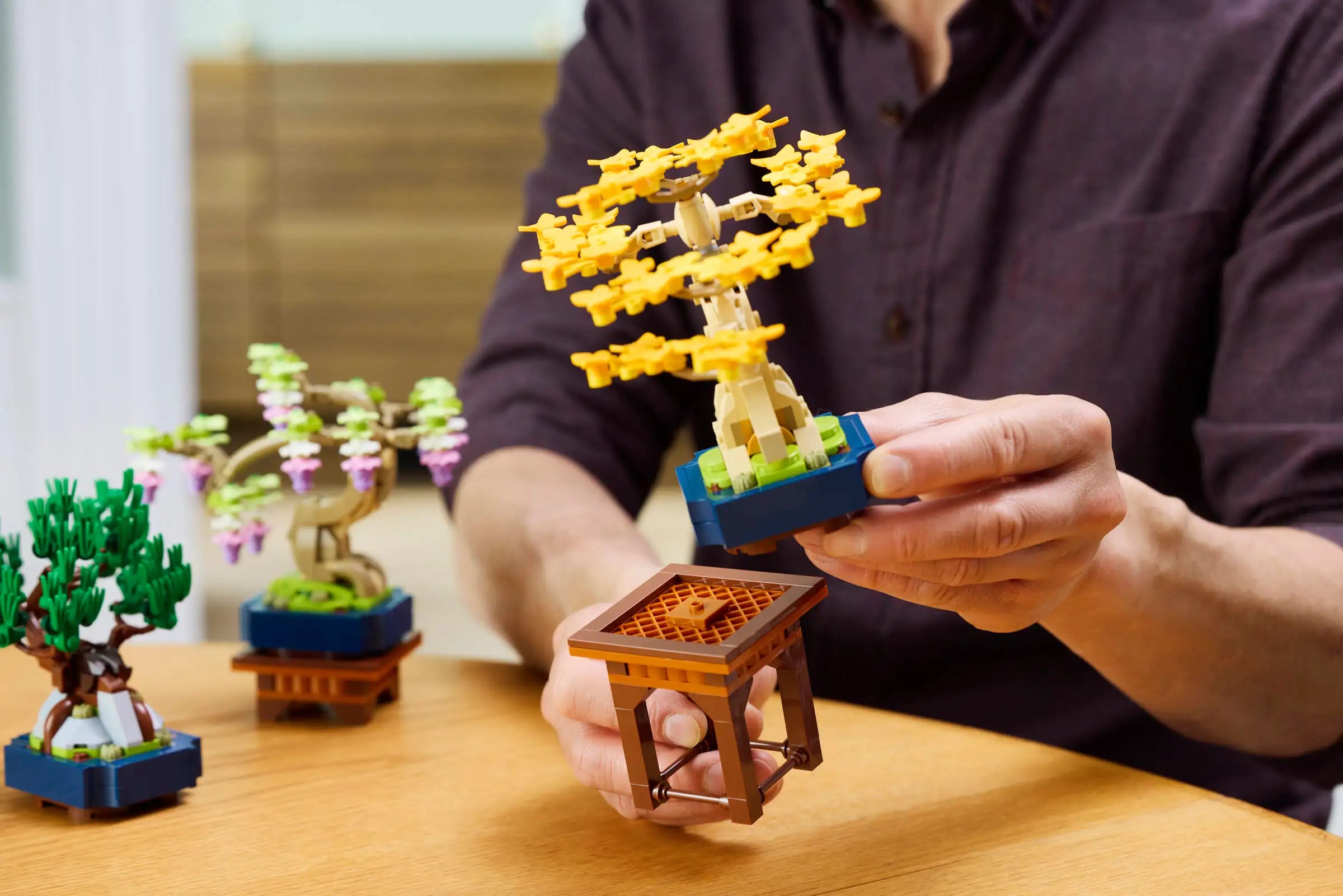 Person holding a small wooden structure with a LEGO 10373 Mini Bonsai Tree on top, surrounded by other small bonsai trees on a wooden surface.