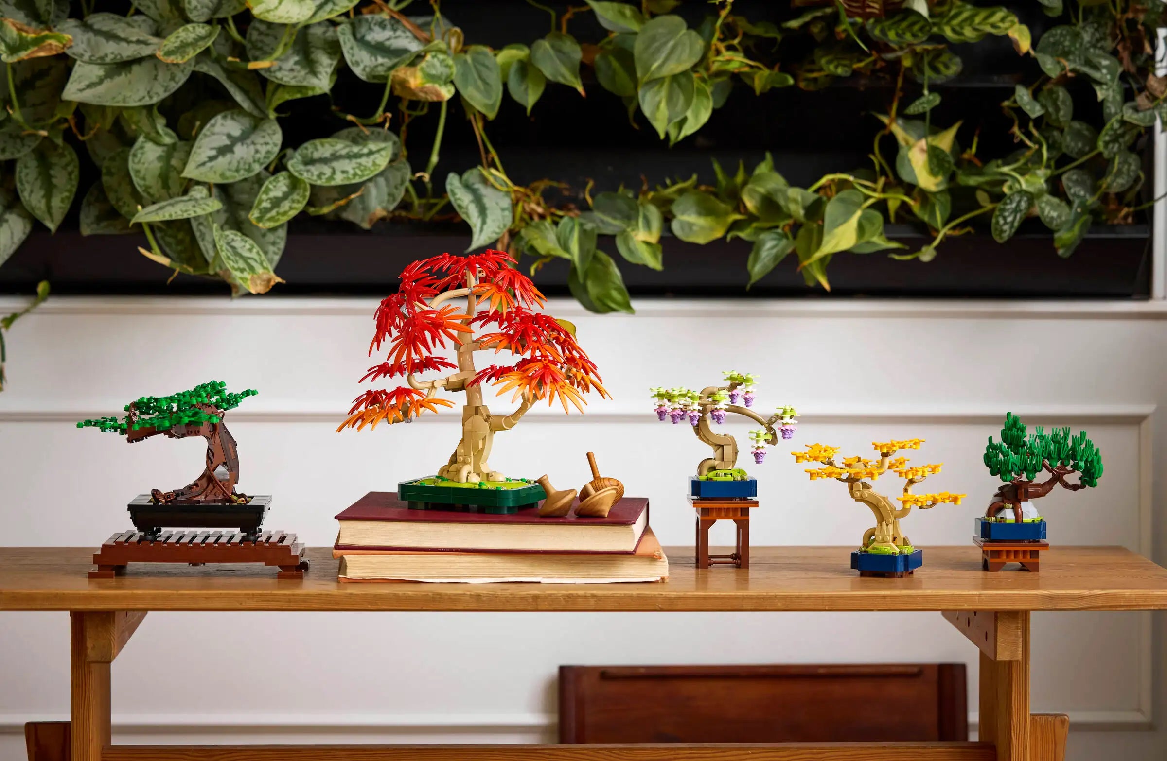 Collection of colorful bonsai tree models on a wooden table with a white wall and green plants in the background.