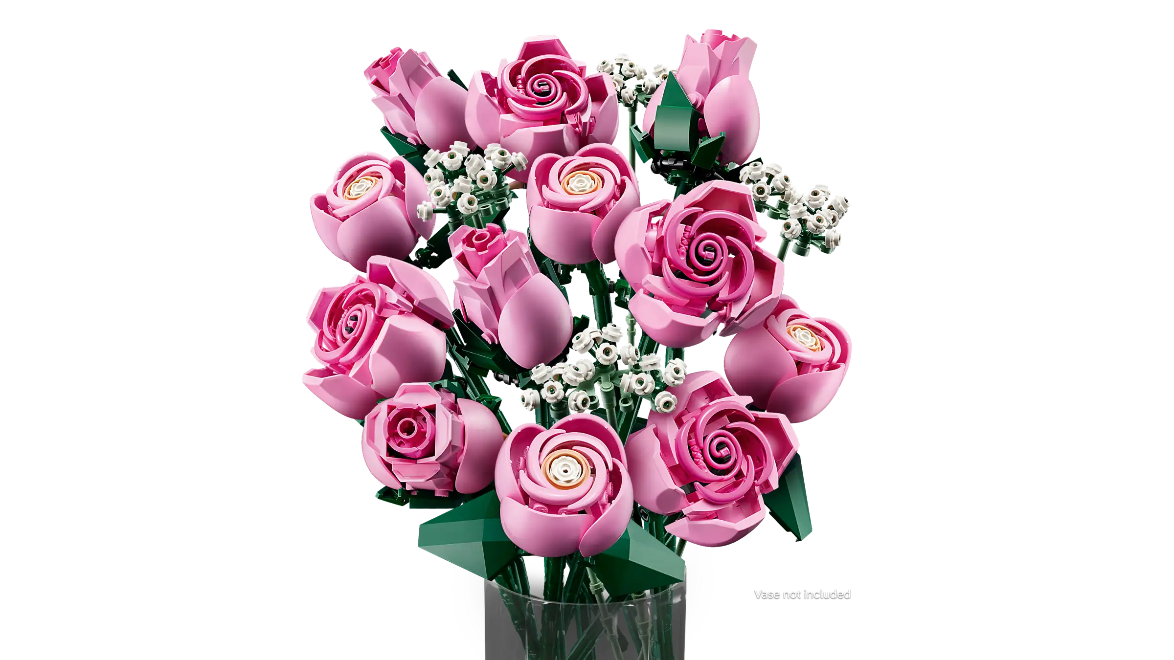 Bouquet of LEGO 10374 Bouquet of Pink Roses in a clear vase on a white background