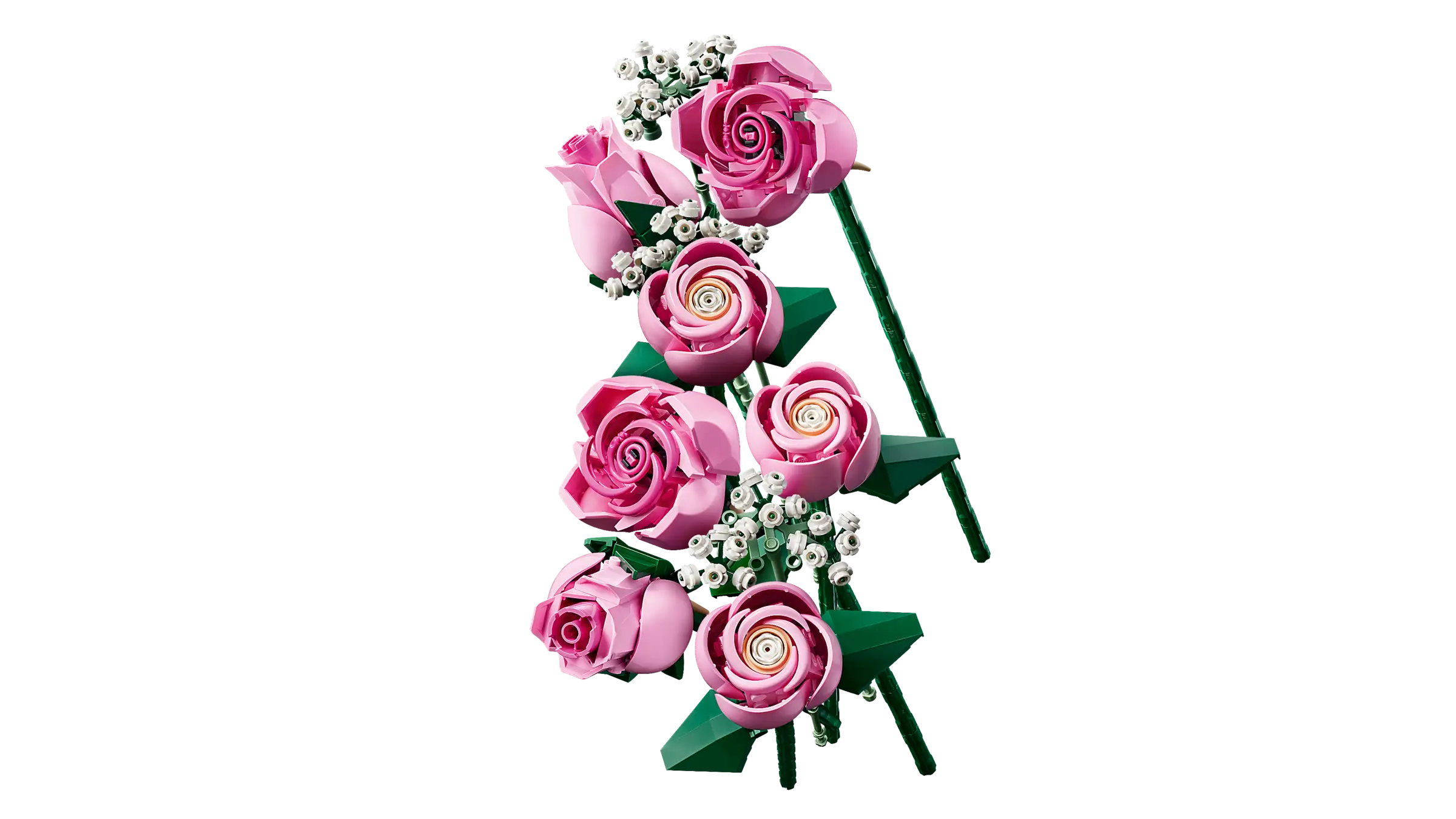 Decorative flower arrangement with LEGO 10374 Bouquet of Pink Roses on a white background