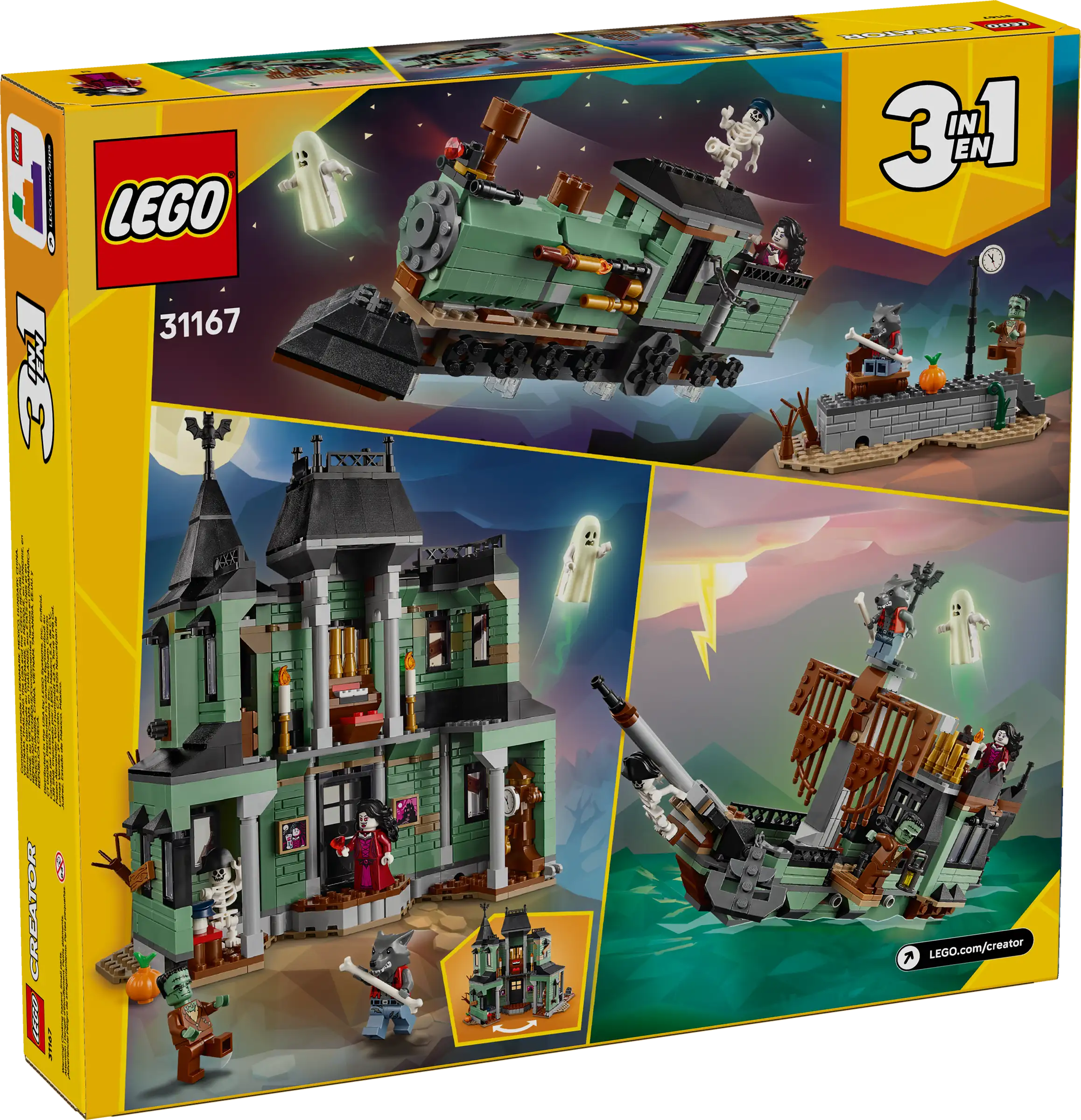 LEGO 31167 Haunted Mansion set packaging with multiple scene illustrations on a yellow background