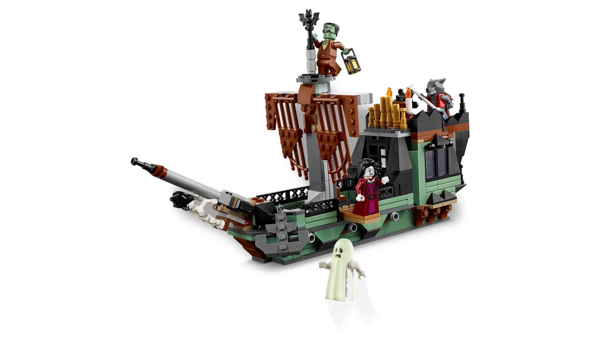 Pirate ship model made of interlocking bricks on a white background