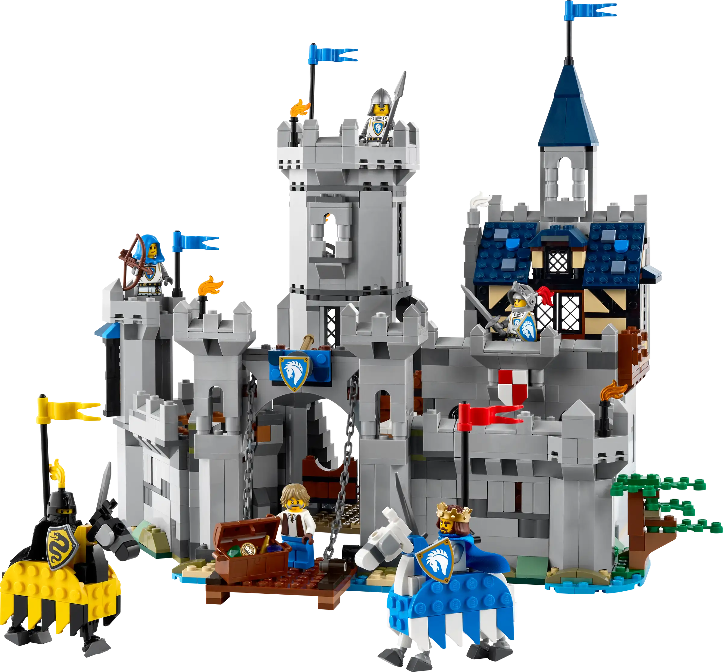 LEGO 31168 Medieval Horse Knight Castle set with knights and flags on a white background