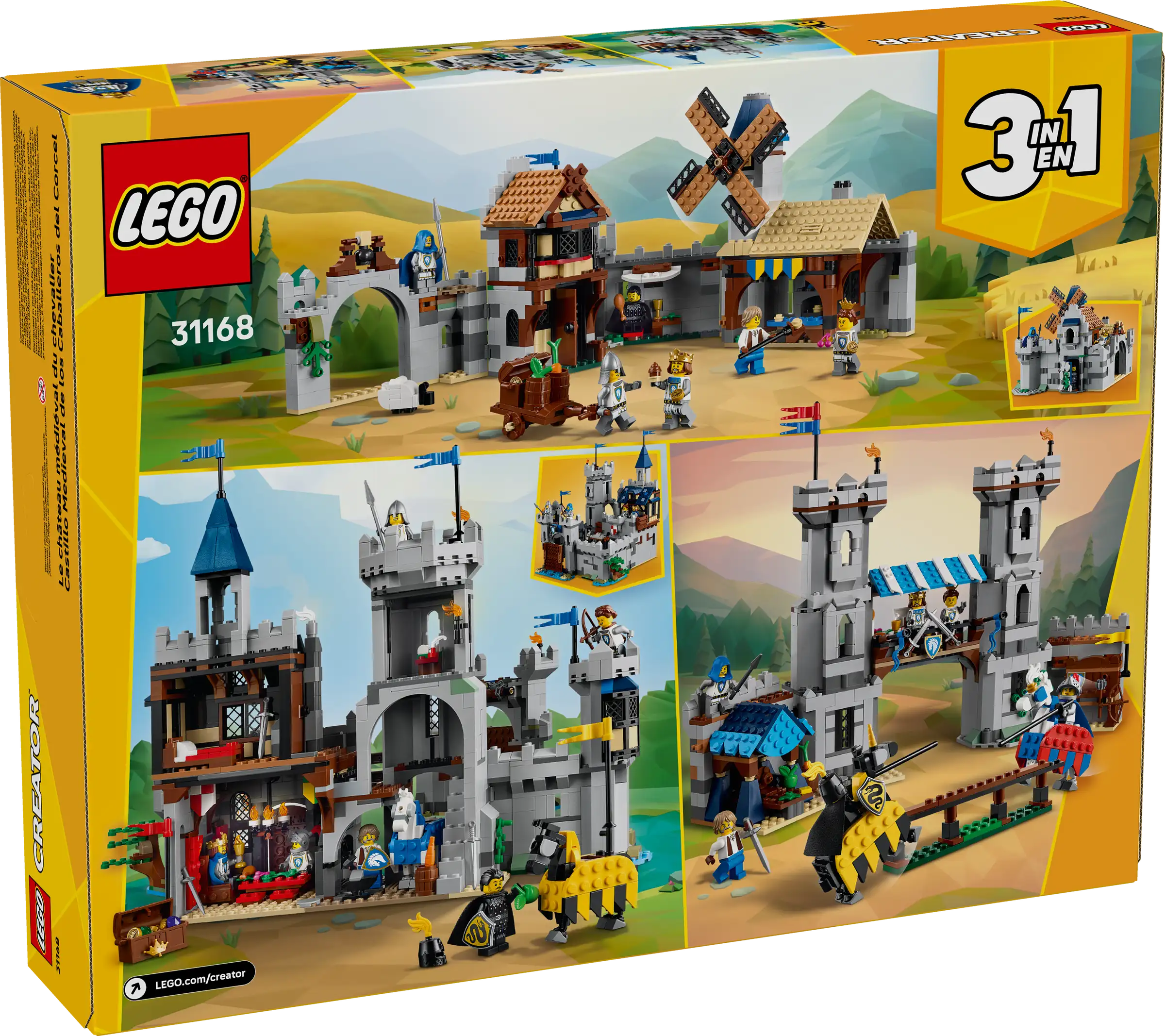 LEGO 31168 Medieval Horse Knight Castle set packaging with castle and village scenes