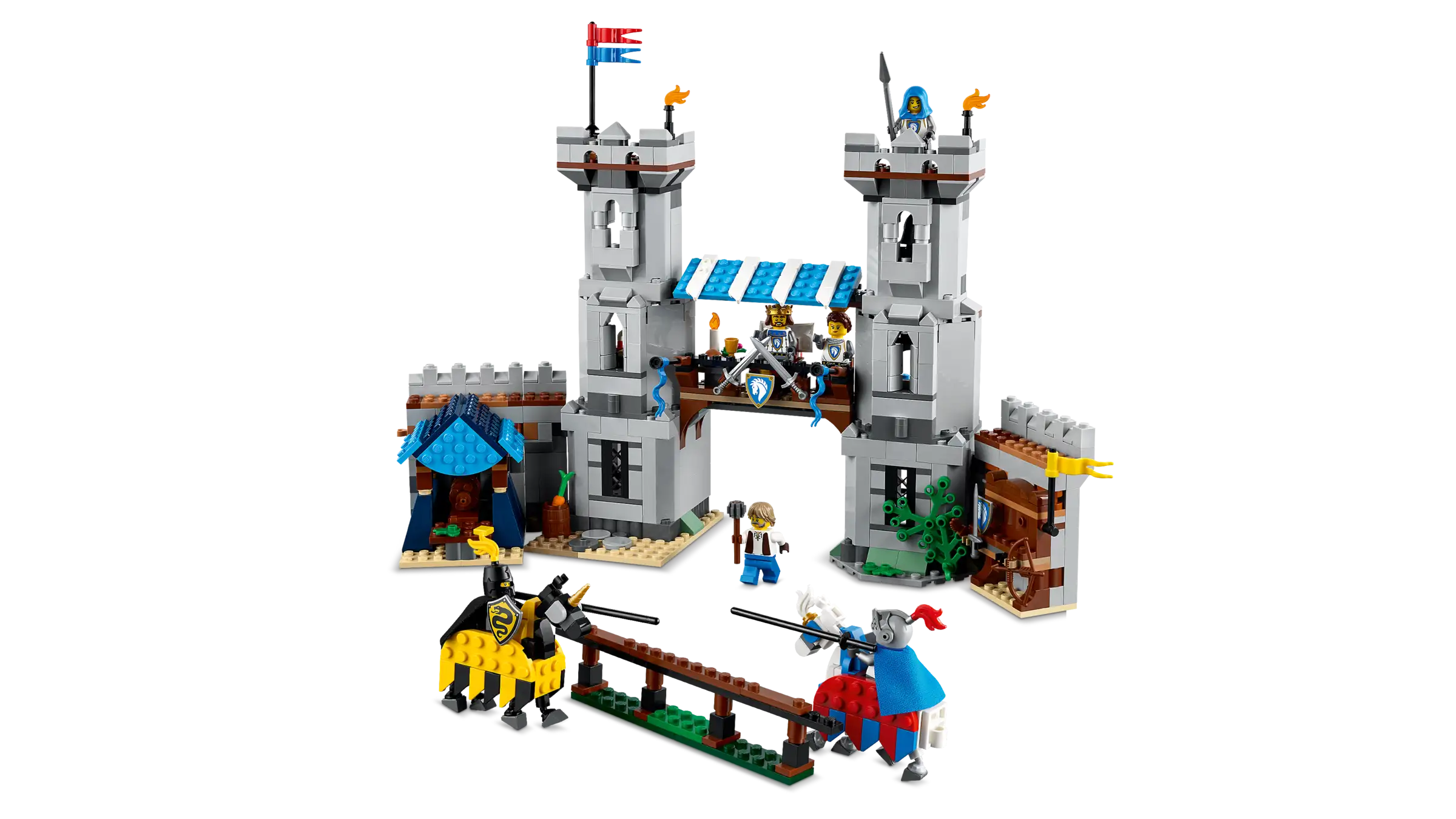 LEGO 31168 Medieval Horse Knight Castle set with knights and towers on a white background