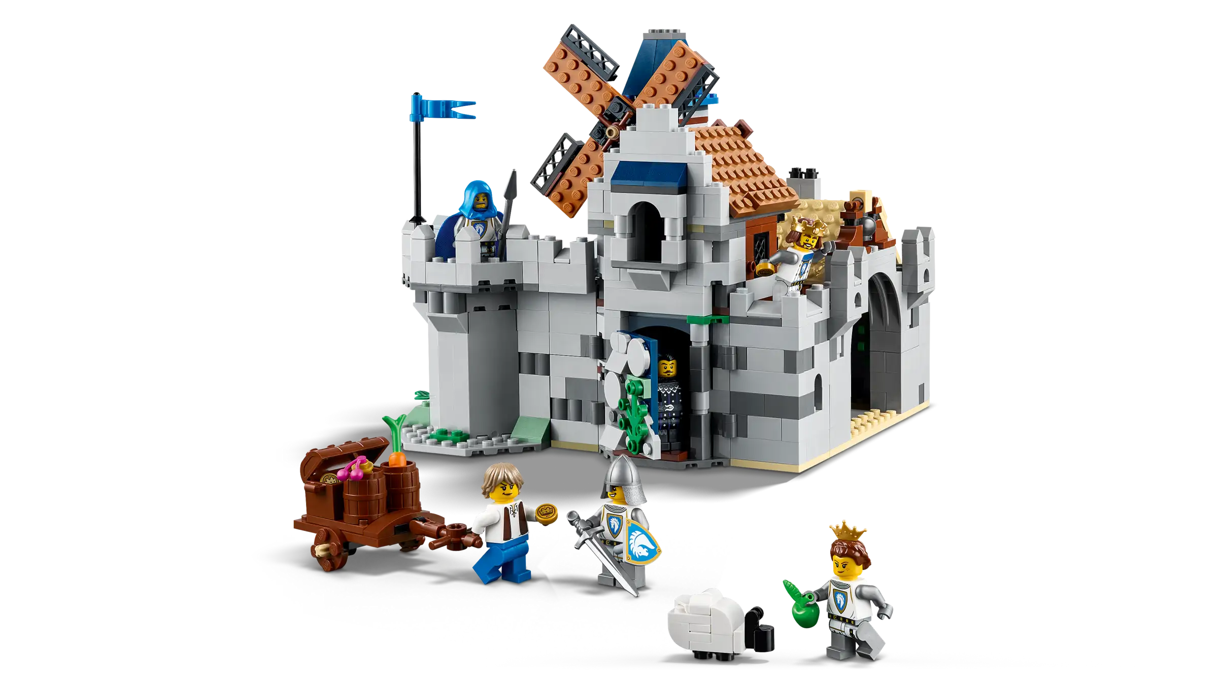 LEGO 31168 Medieval Horse Knight Castle set with various figures and a windmill on a white background
