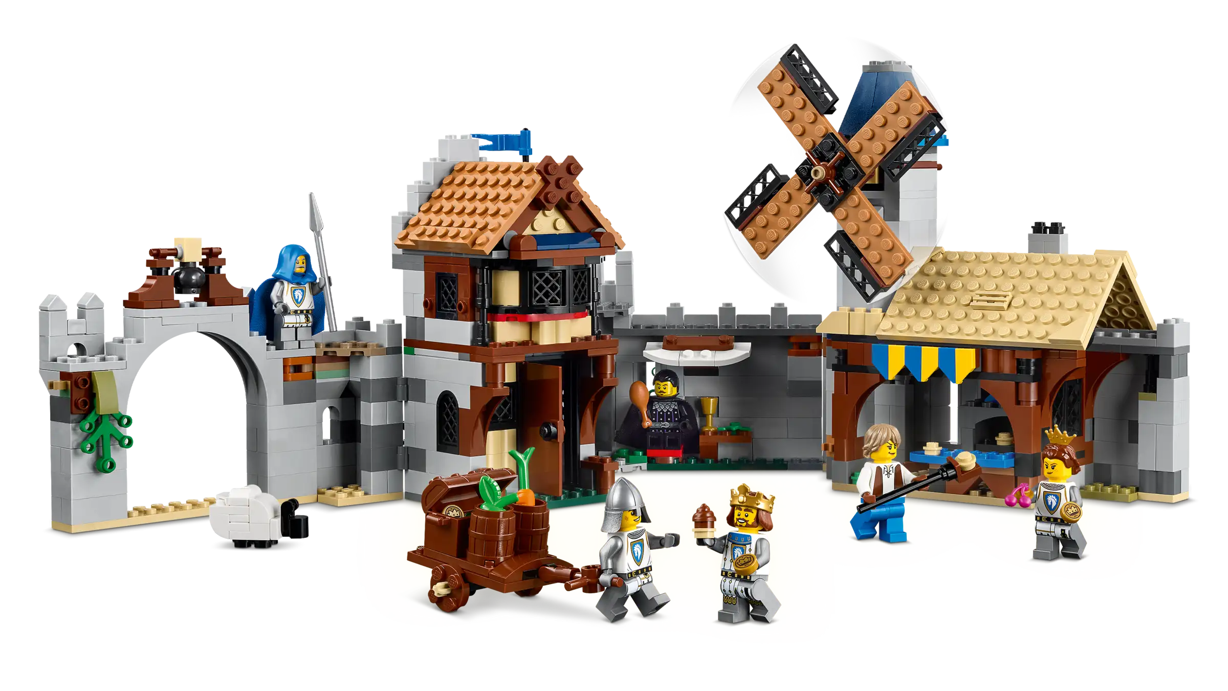 LEGO 31168 Medieval Horse Knight Castle set with medieval village scene including buildings and characters on a white background