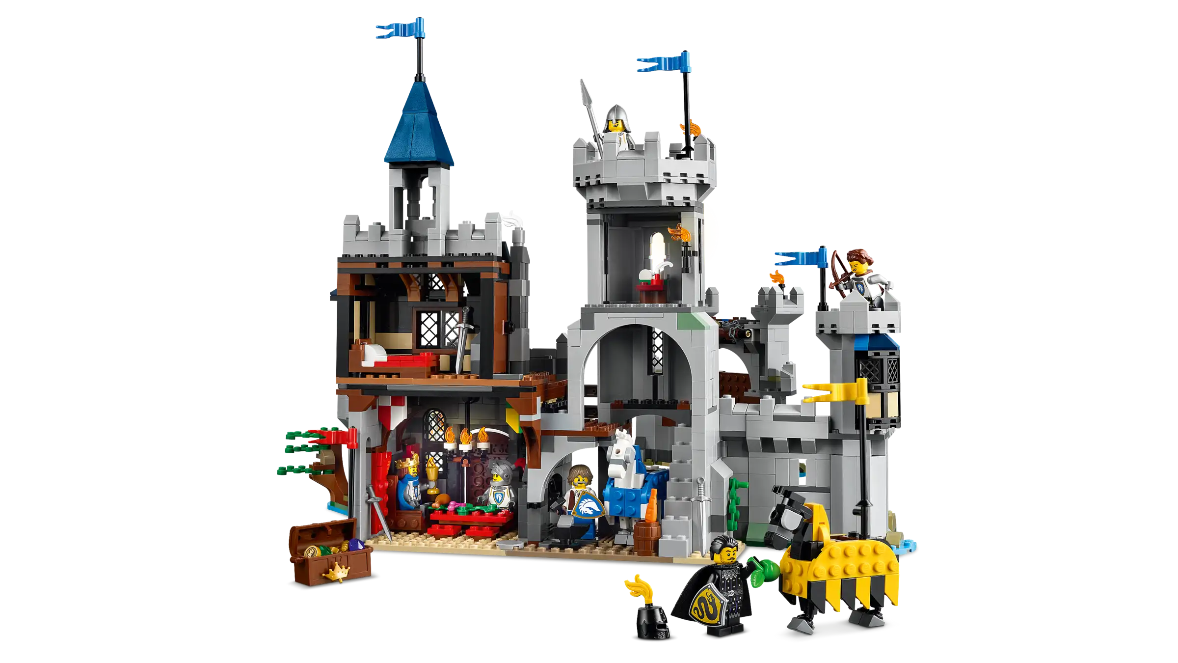 LEGO 31168 Medieval Horse Knight Castle model with multiple towers and figures on a white background