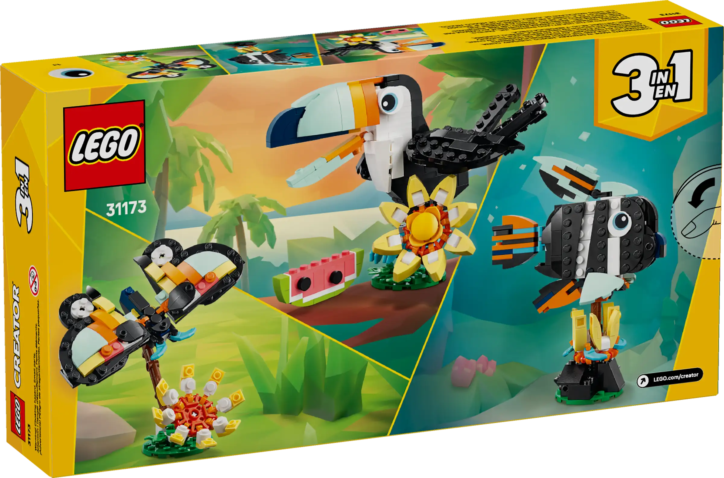 LEGO 31173 Tropical Toucan set packaging with tropical animals and '3 in 1' feature