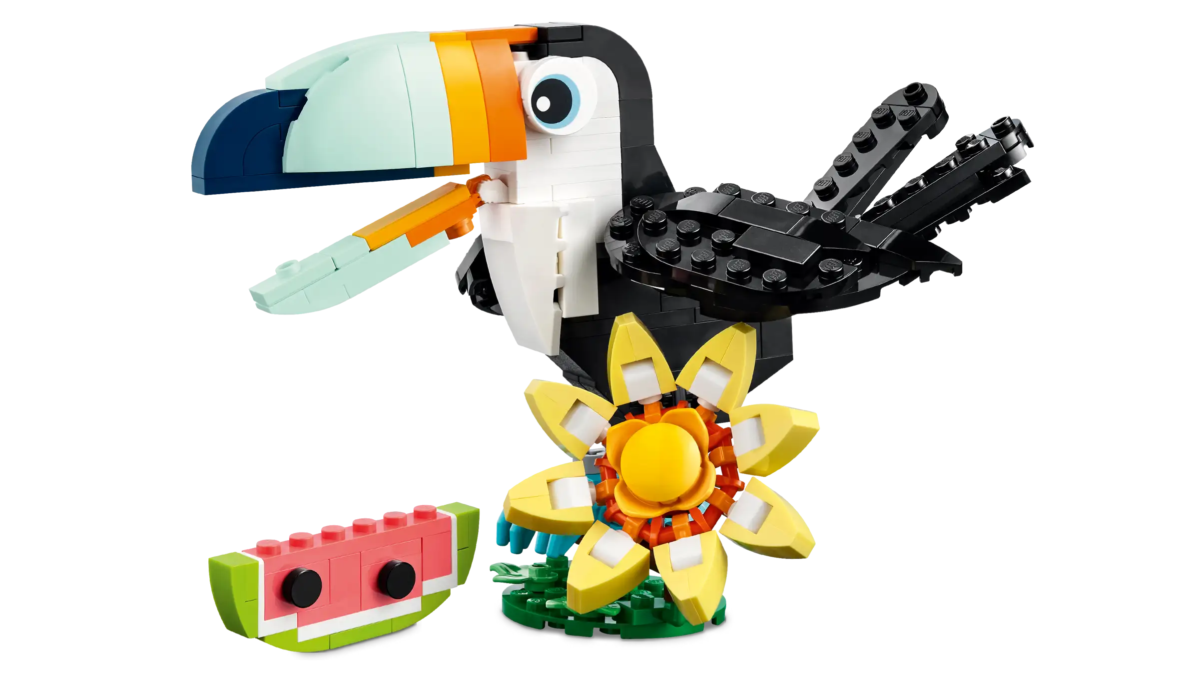 LEGO 31173 Tropical Toucan with a sunflower and watermelon on a white background