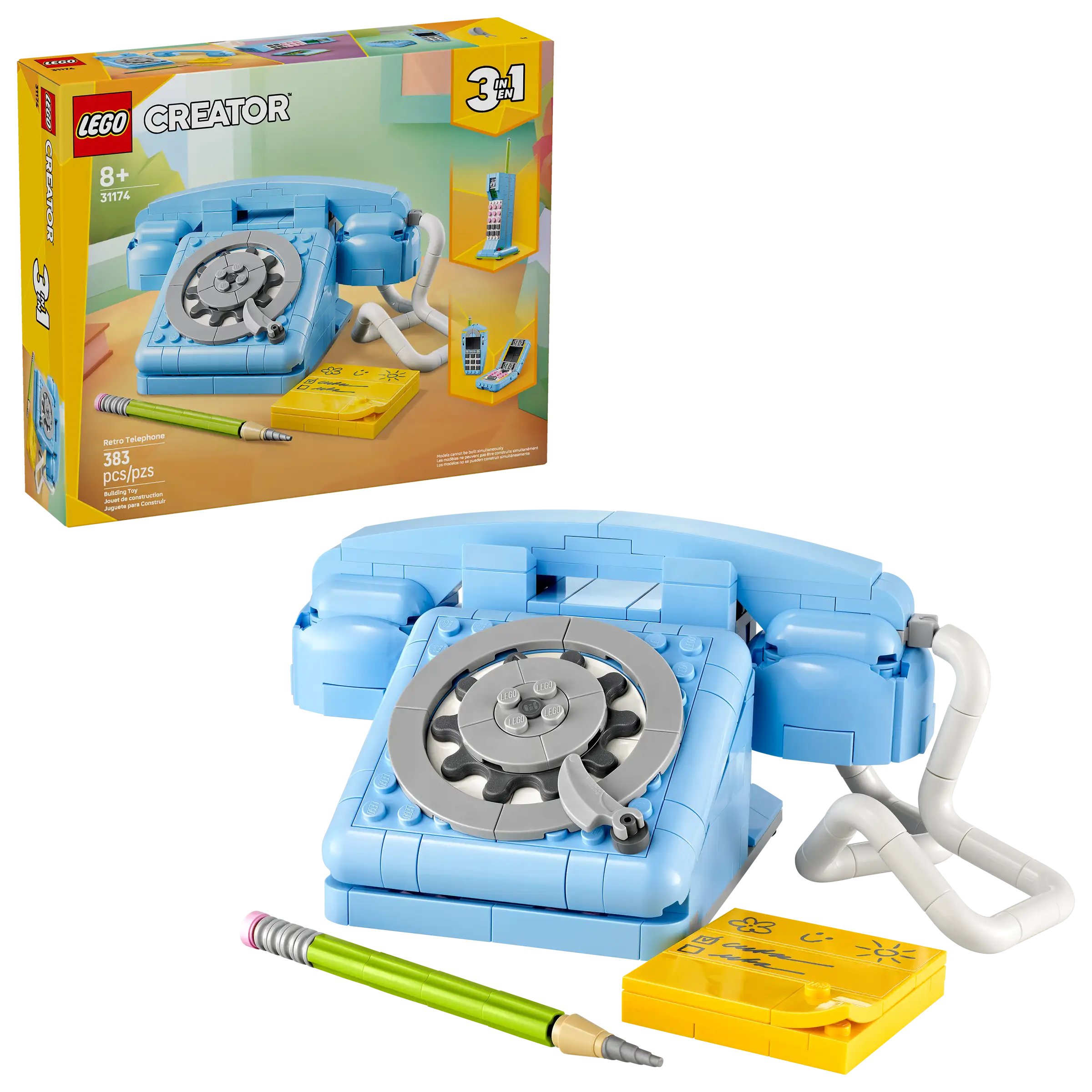 LEGO 31174 Retro Telephone set with blue telephone model and packaging on a white background