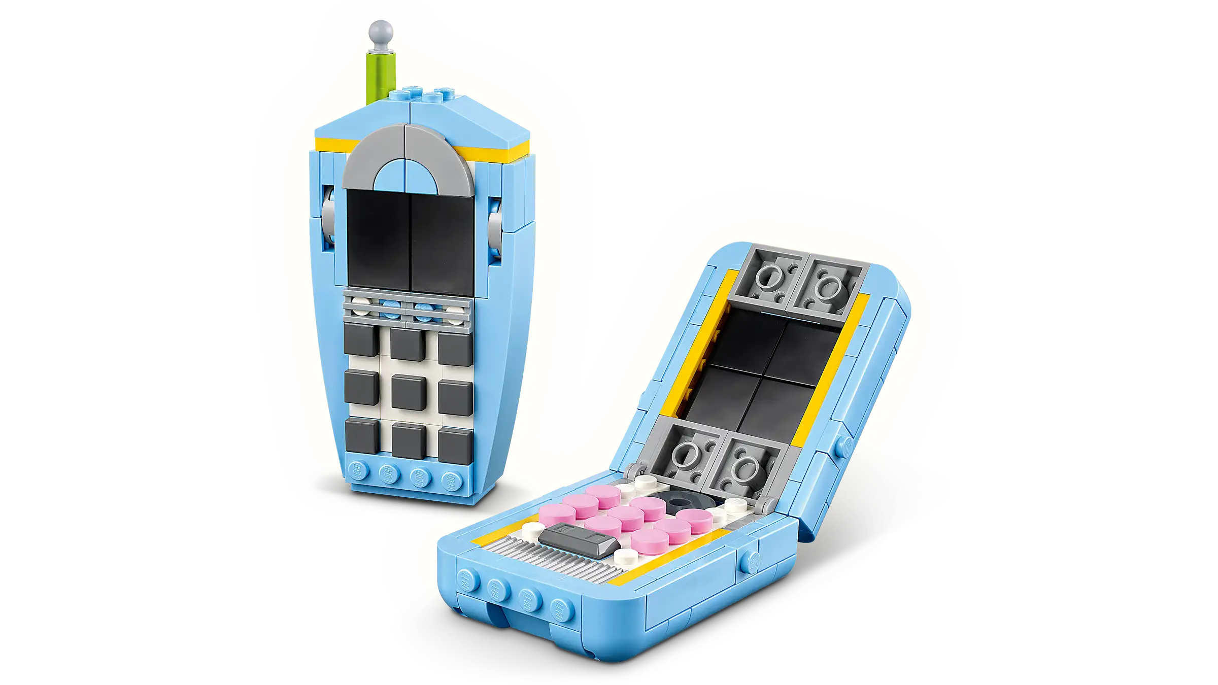Toy phone with a blue exterior and gray interior on a white background