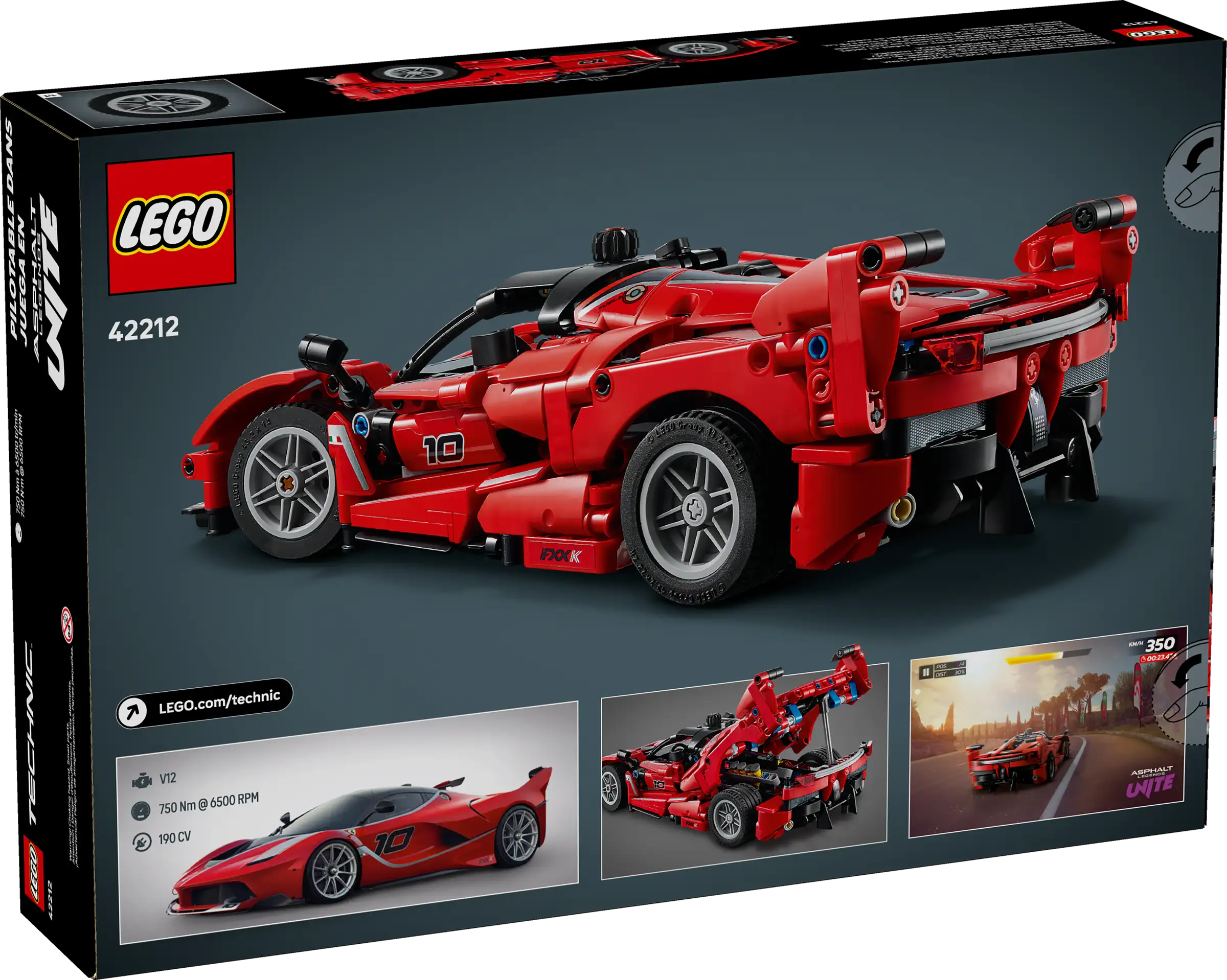 LEGO 42212 Ferrari FXX K packaging with red sports car model on a dark background