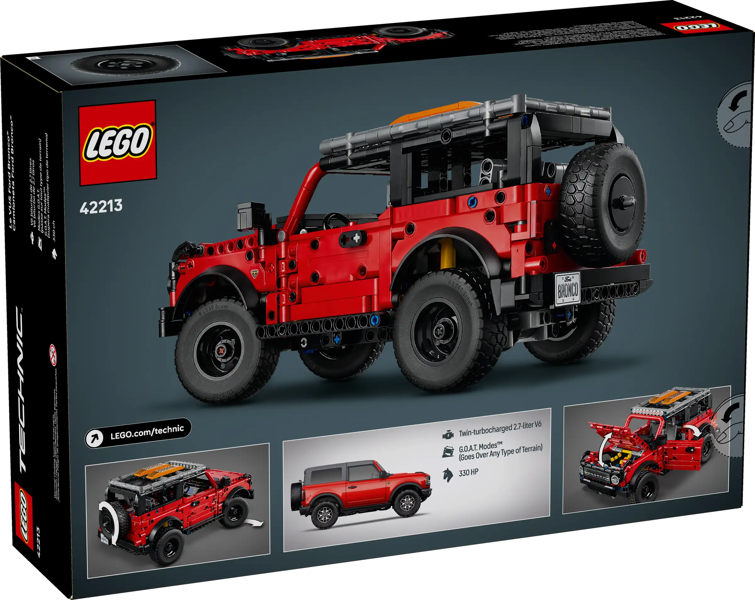 LEGO 42213 Ford Bronco SUV building set packaging with red vehicle on dark background