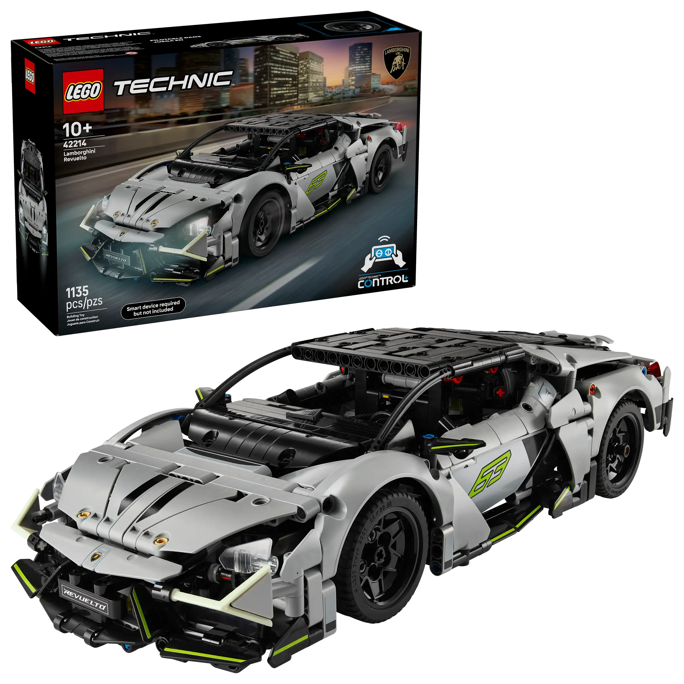 LEGO Technic LEGO 42214 Lamborghini Revuelto sports car set with packaging in the background