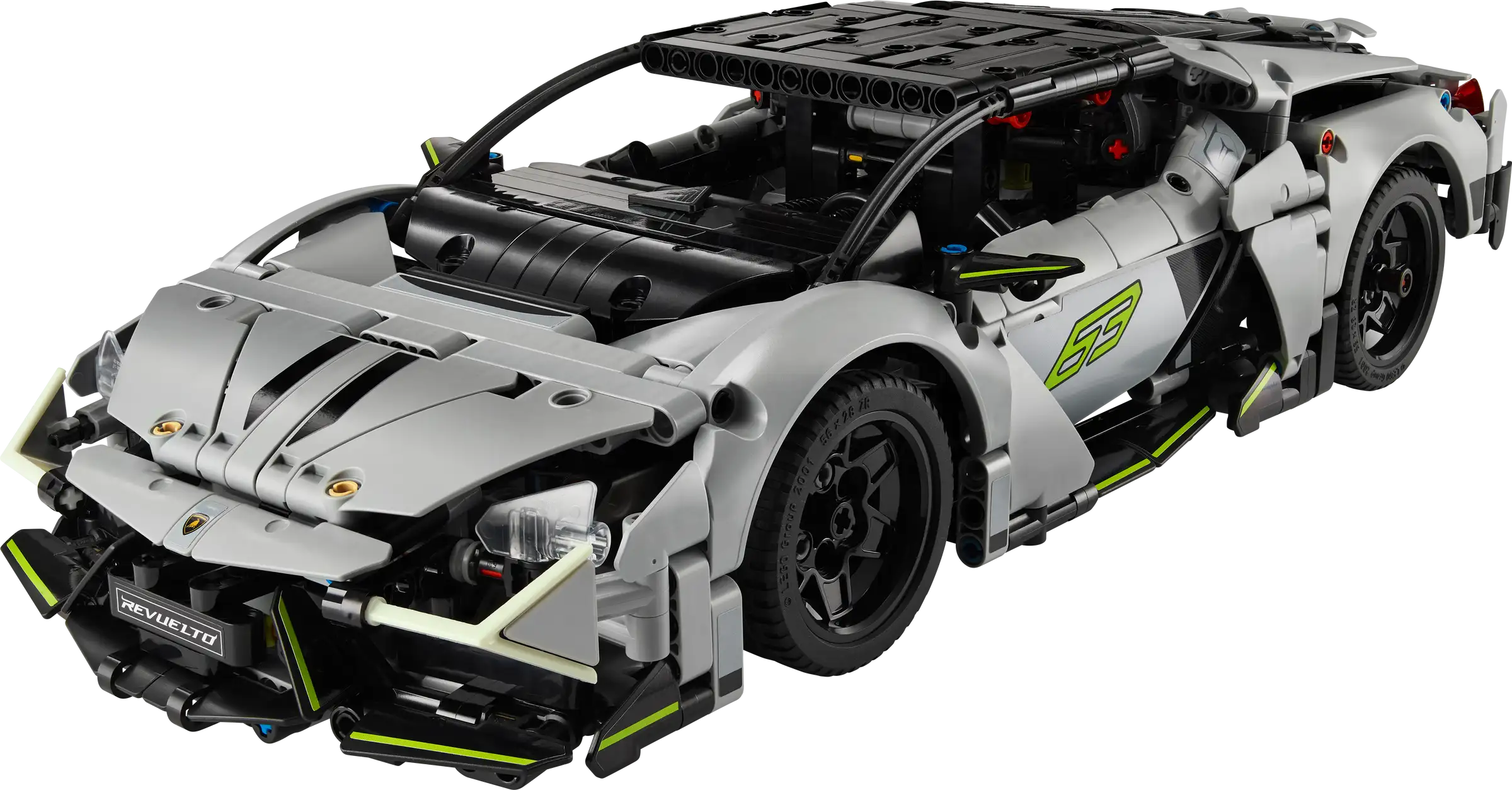 LEGO 42214 Lamborghini Revuelto car model built from interlocking bricks on a white background