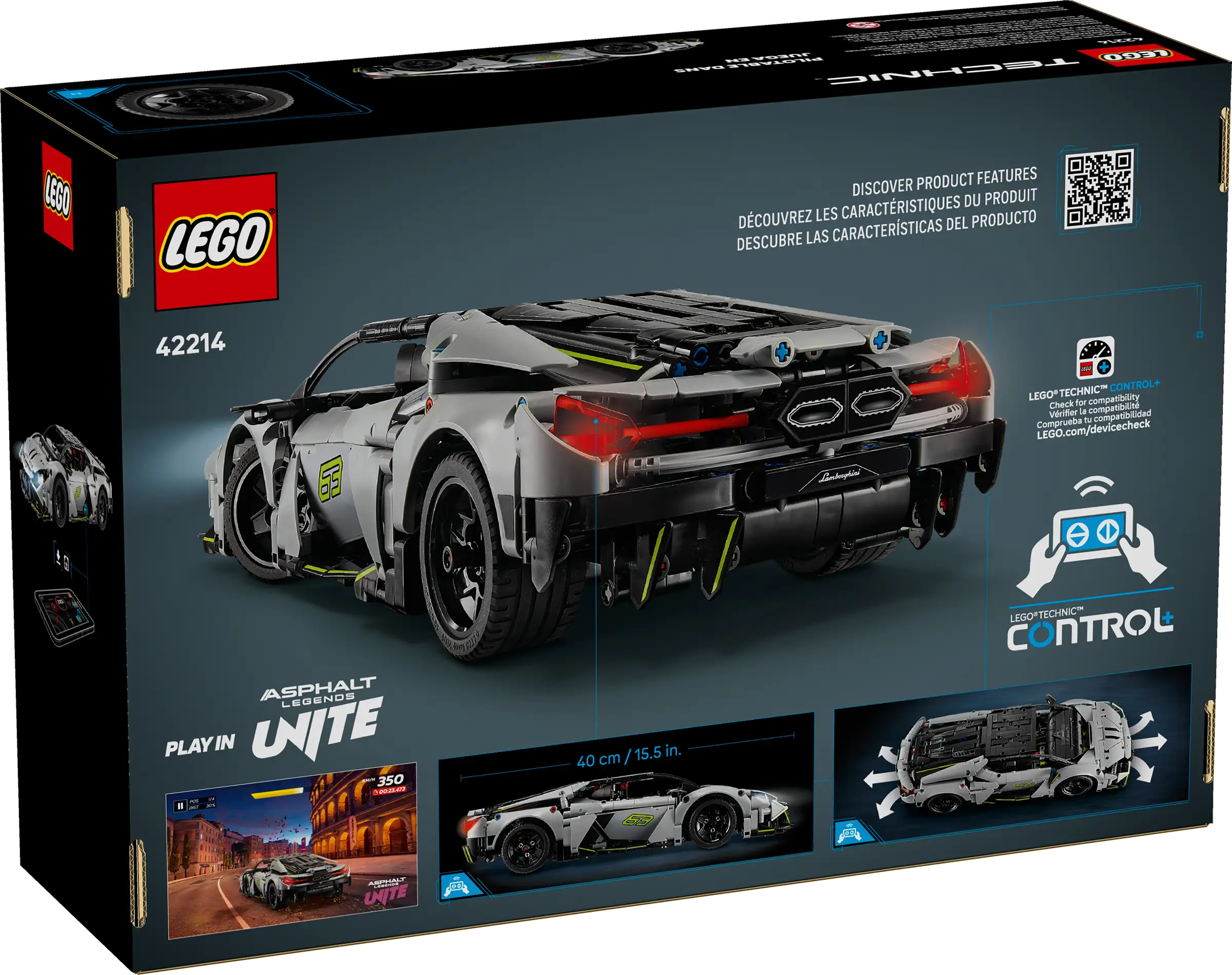 LEGO Technic 42214 Lamborghini Revuelto car set packaging on a dark background