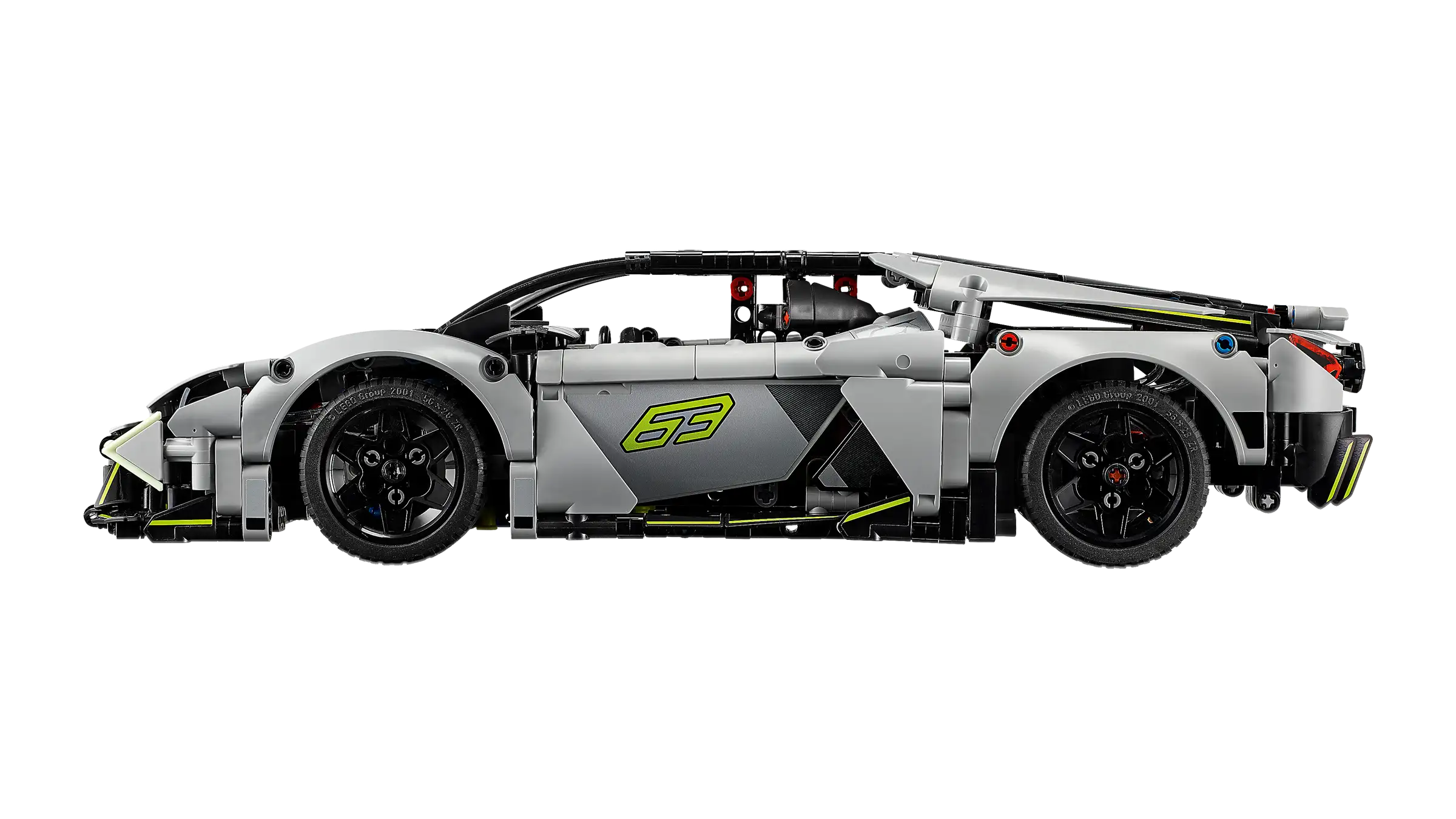 LEGO 42214 Lamborghini Revuelto Model car made of interlocking bricks on a white background