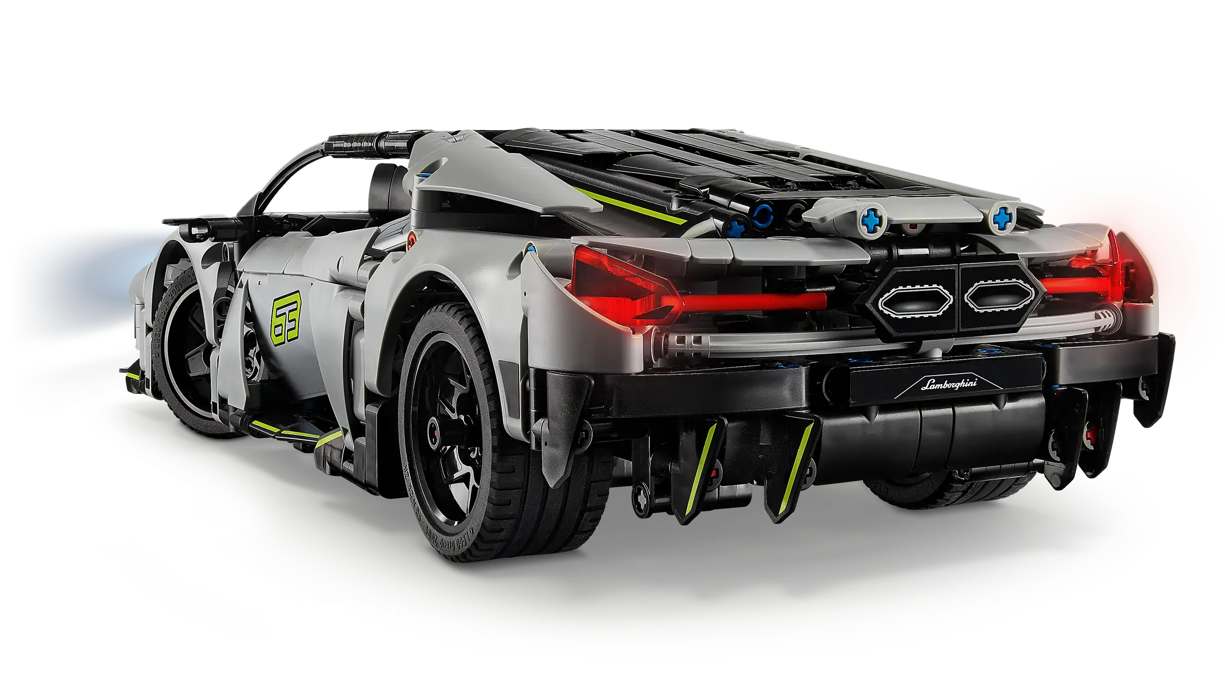 Back view of a LEGO 42214 Lamborghini Revuelto sport car model on a white background