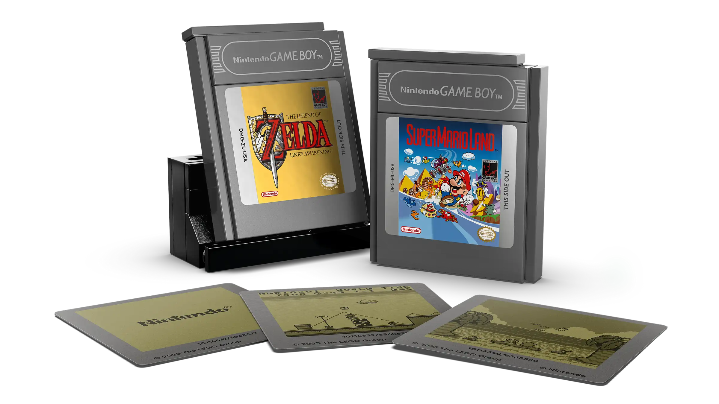 Two LEGO Nintendo Game Boy cartridges with 'The Legend of Zelda' and 'Super Mario' on a white background
