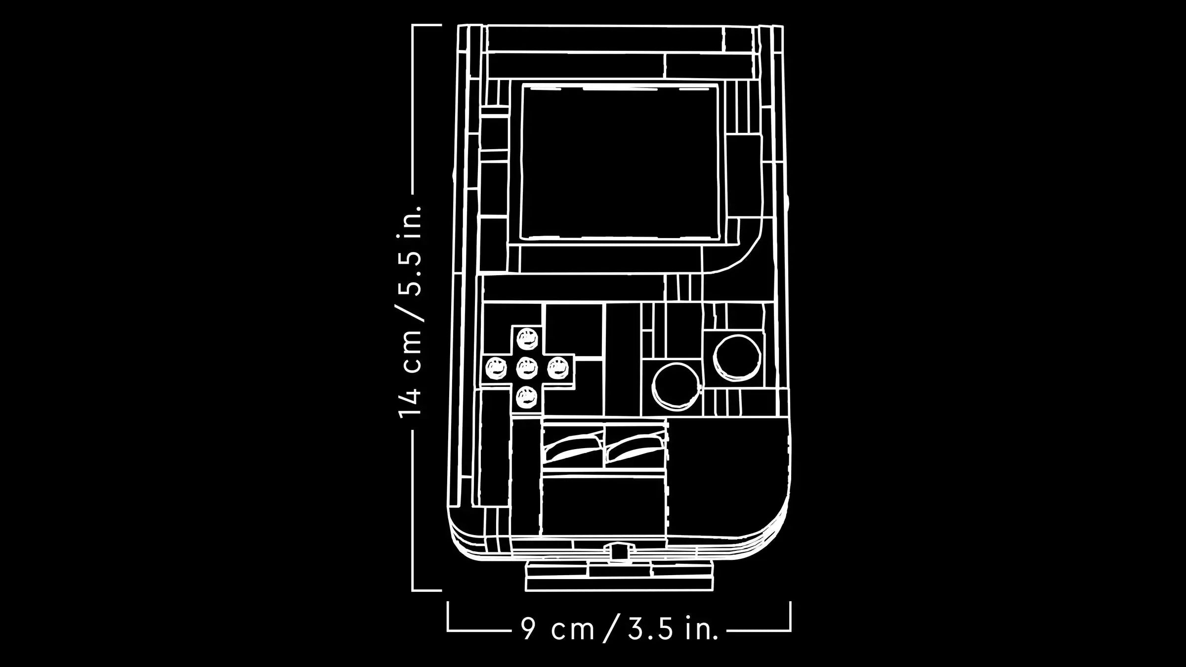 Technical drawing of LEGO 72046 Game Boy with dimensions labeled