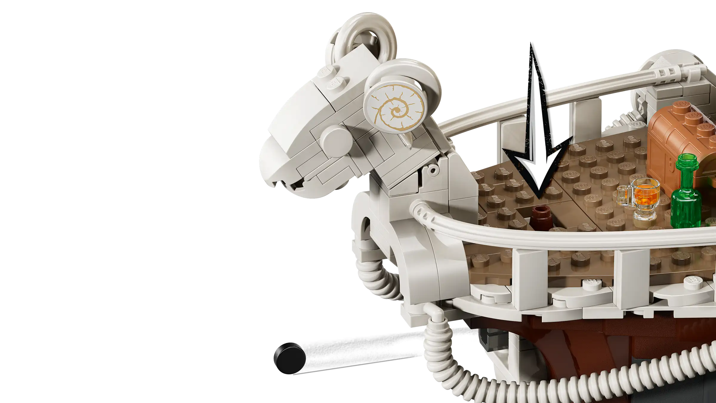 Close-up of a LEGO 75639 The Going Merry Pirate Ship, featuring a white background.