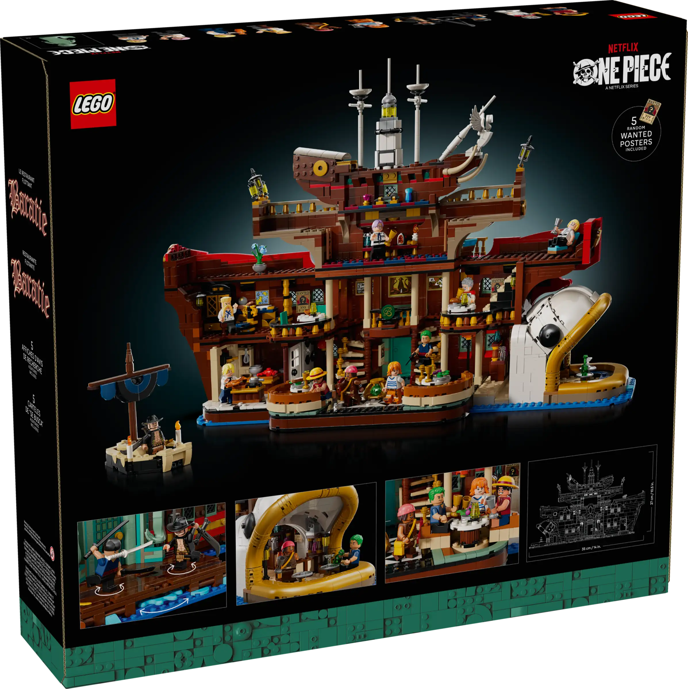 LEGO 75640 The Baratie Floating Restaurant set packaging with detailed illustrations on a black background