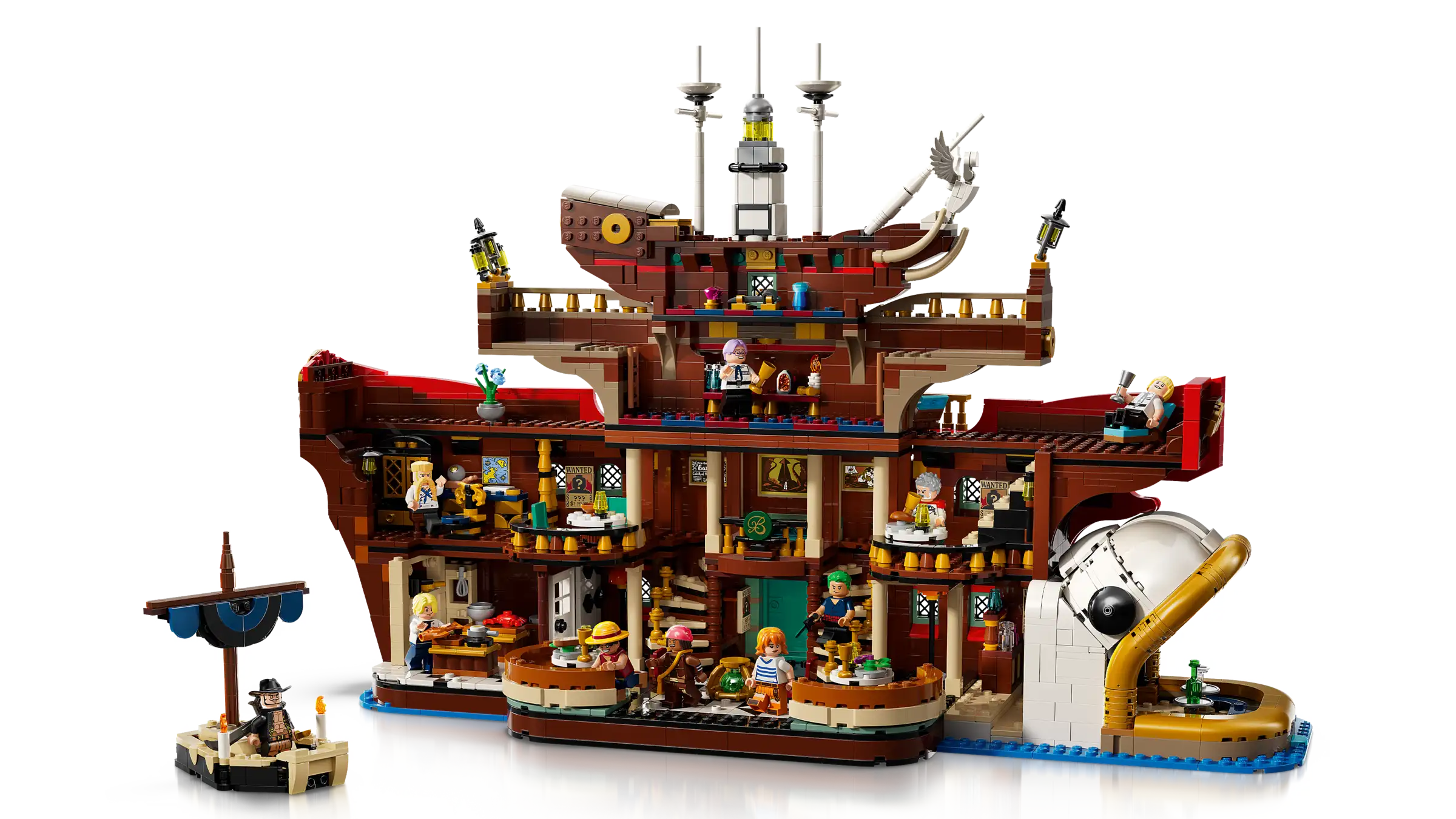 Piracy-themed LEGO 75640 The Baratie Floating Restaurant set with detailed ship and figures on a white background
