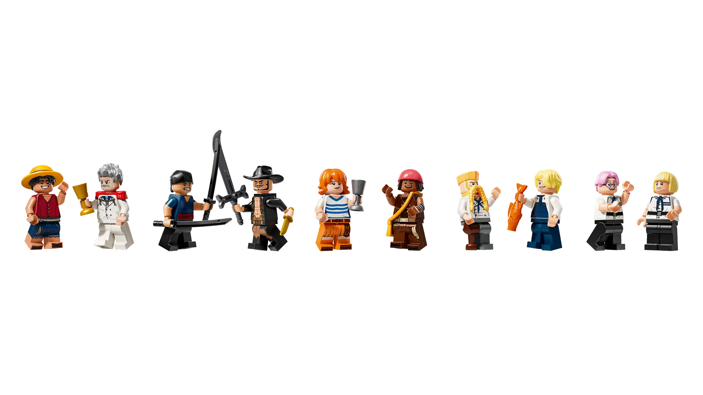 Row of LEGO minifigures on a white background - LEGO 75640 The Baratie Floating Restaurant