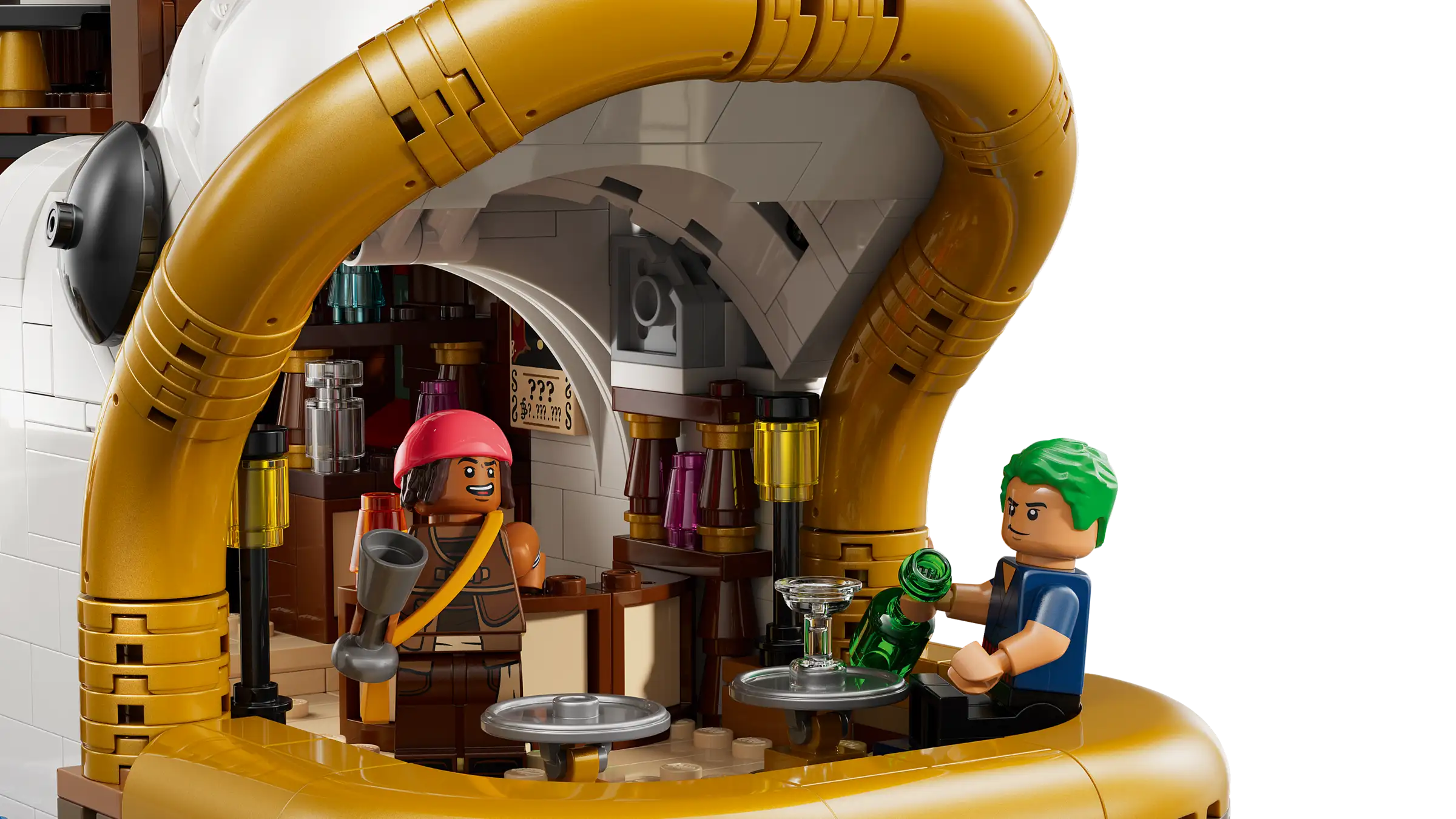 LEGO 75640 The Baratie Floating Restaurant set with a bar scene featuring two characters and various items.