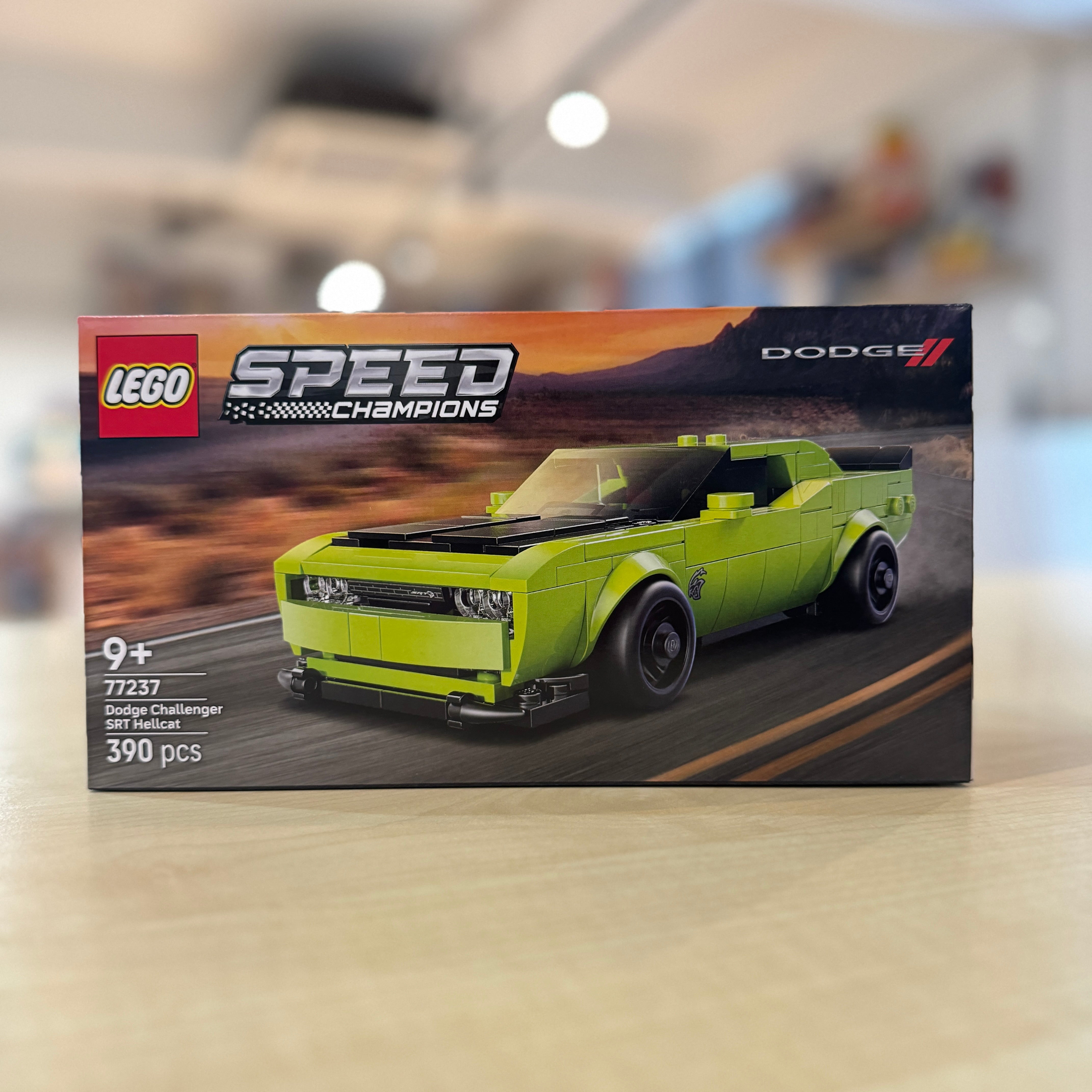 LEGO 77237 Dodge Challenger SRT Hellcat box on a blurred indoor background