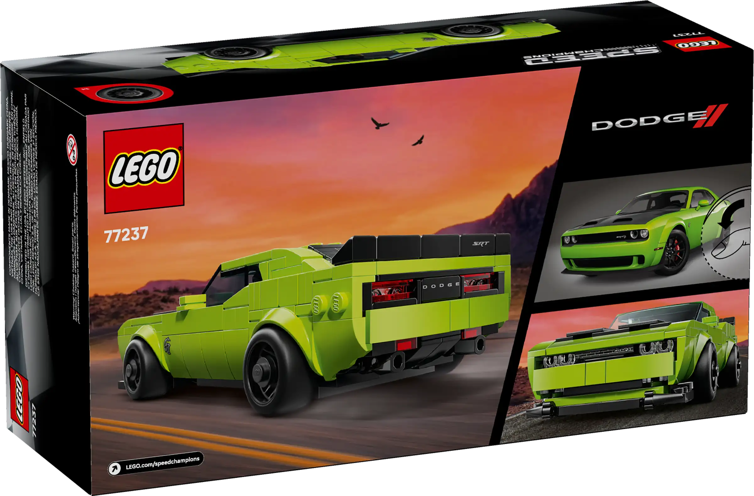 LEGO 77237 Dodge Challenger SRT Hellcat set packaging with green car and sunset scene
