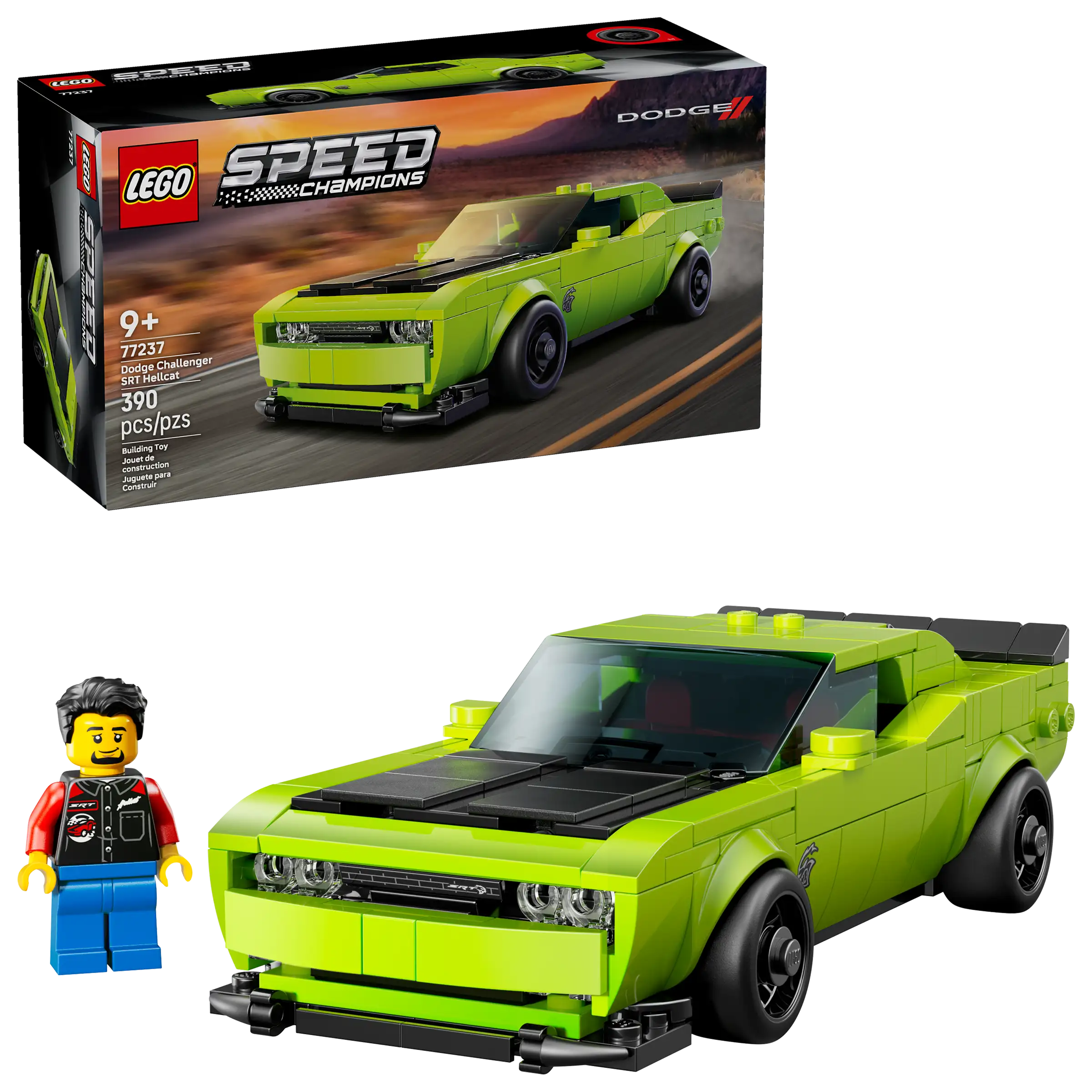 LEGO 77237 Dodge Challenger SRT Hellcat set with packaging and figure on a white background