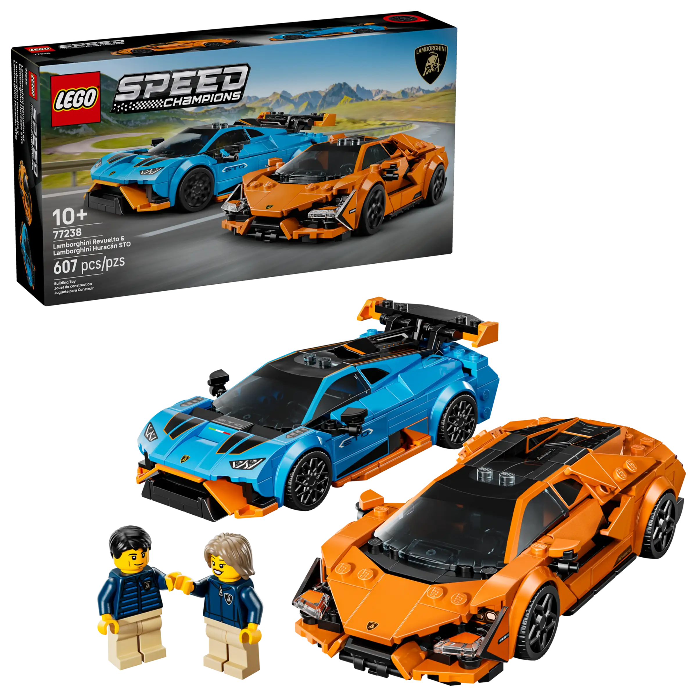 LEGO 77238 Lamborghini Revuelto & Lamborghini Huracán STO set with two cars and two figures on a white background