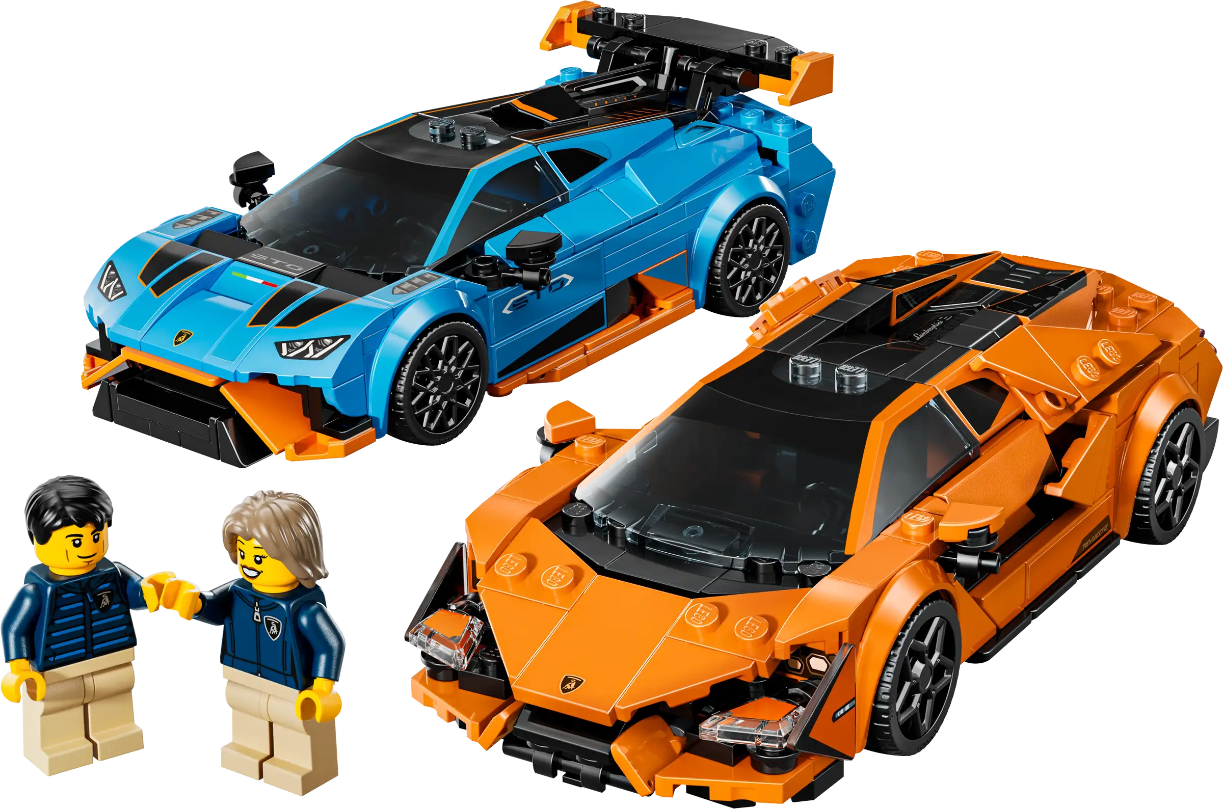 LEGO 77238 Lamborghini Revuelto & Lamborghini Huracán STO Two toy sports cars, one blue and one orange, with two small figures on a white background.