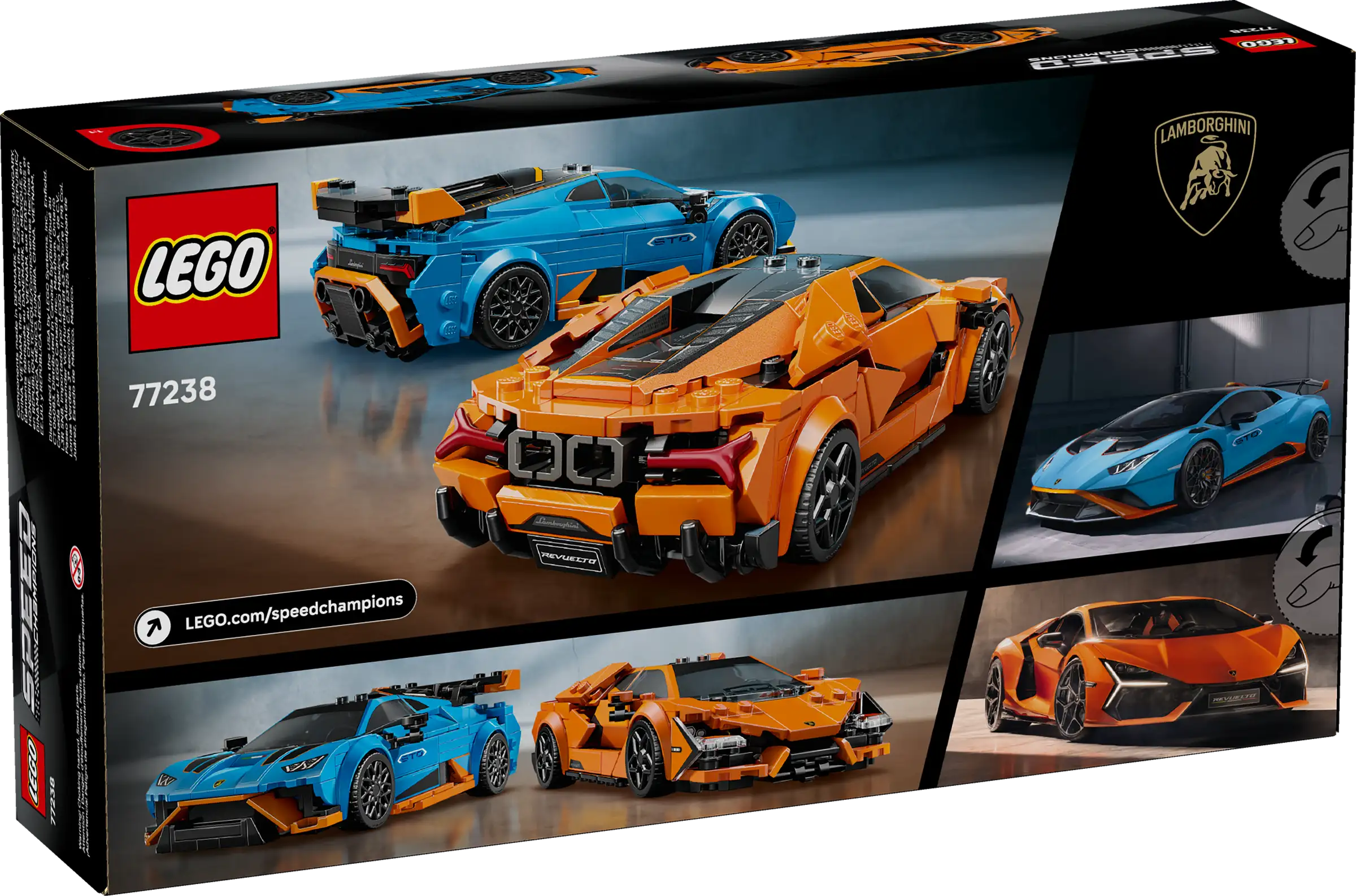 LEGO 77238 Lamborghini Revuelto & Lamborghini Huracán STO building set packaging with model images.