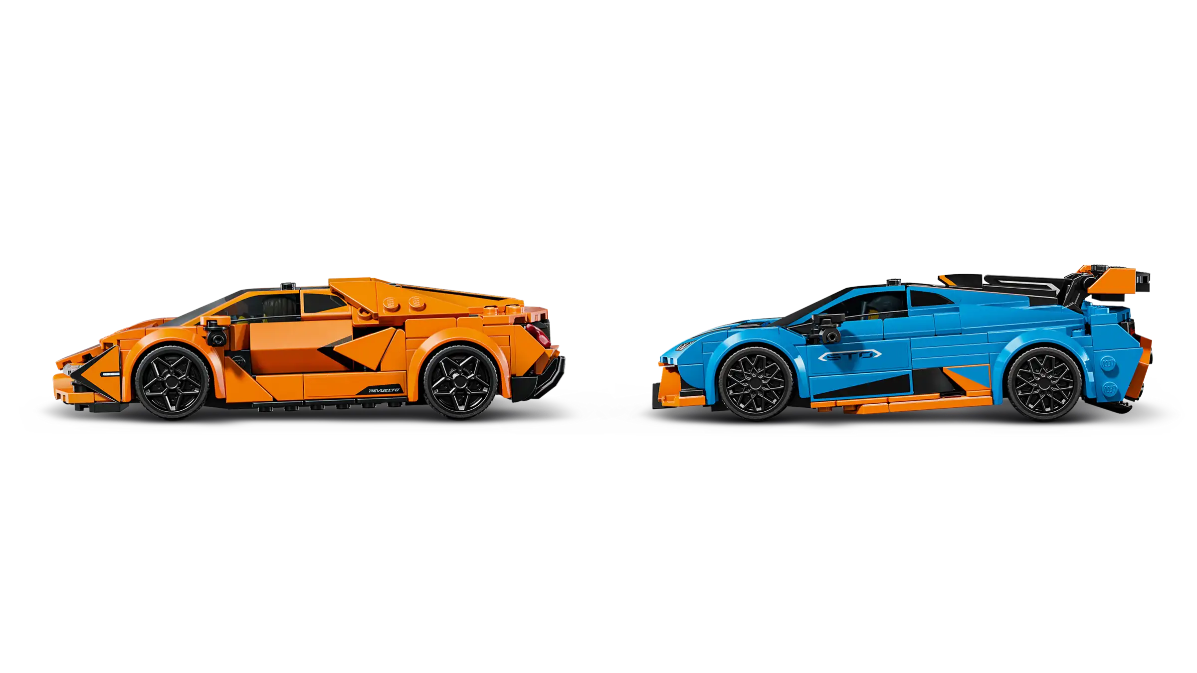 LEGO 77238 Lamborghini Revuelto & Lamborghini Huracán STO Two toy cars, one orange and one blue, on a white background