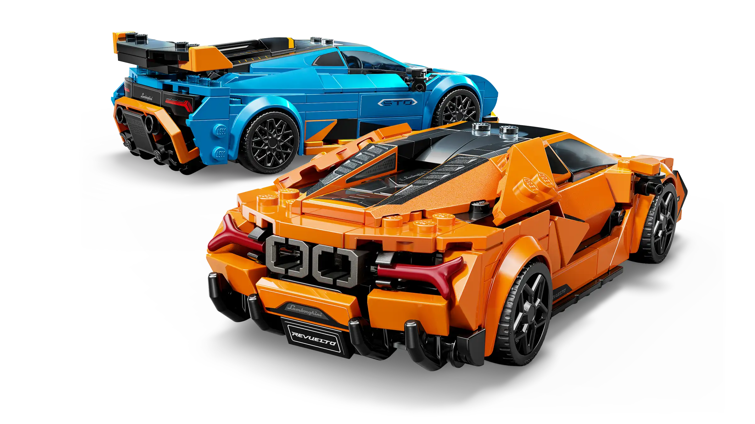 LEGO 77238 Lamborghini Revuelto & Lamborghini Huracán STO - Two toy cars, one blue and one orange, on a white background