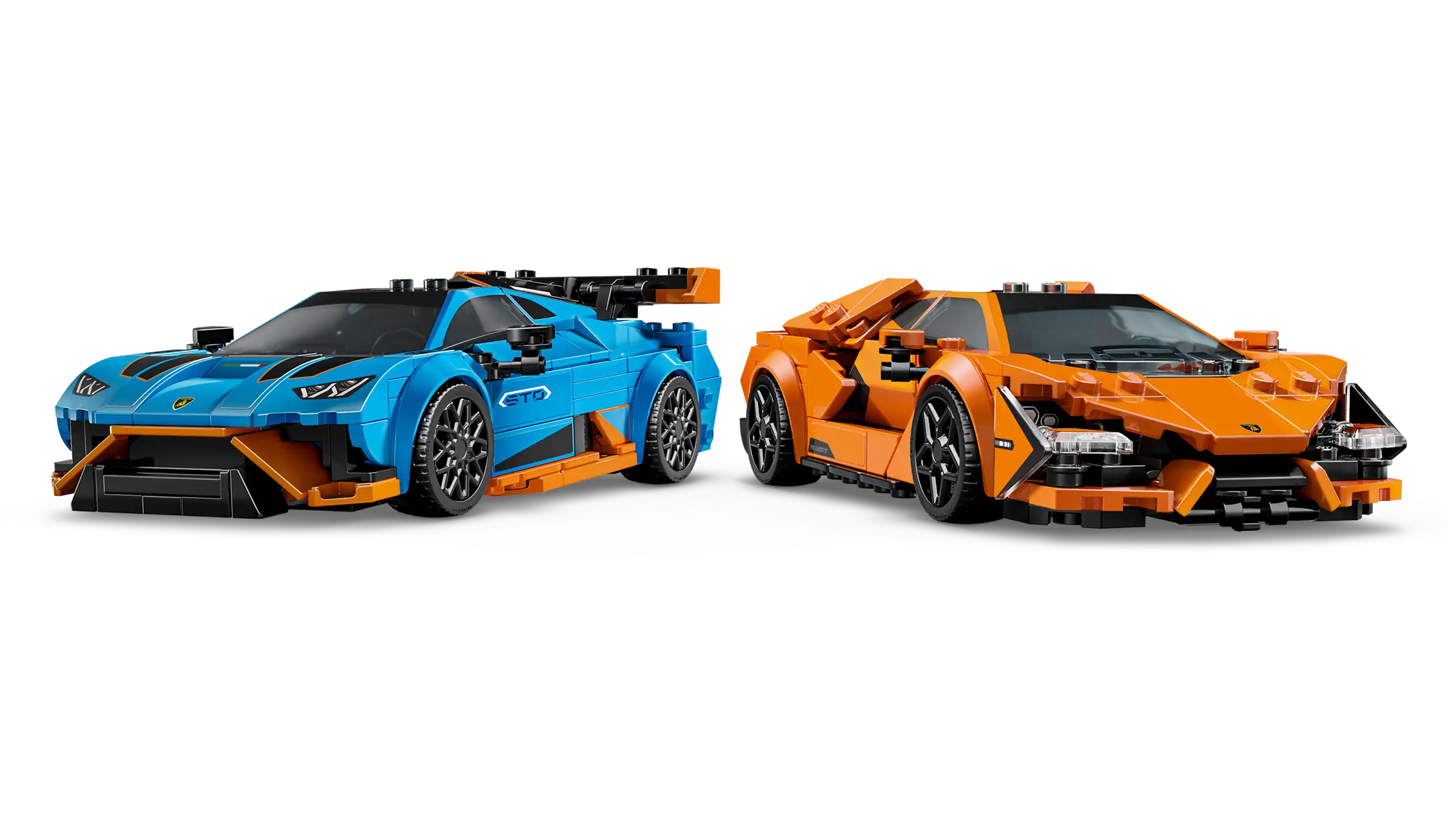 LEGO 77238 Lamborghini Revuelto & Lamborghini Huracán STO - Two toy sports cars, one blue and one orange, on a white background