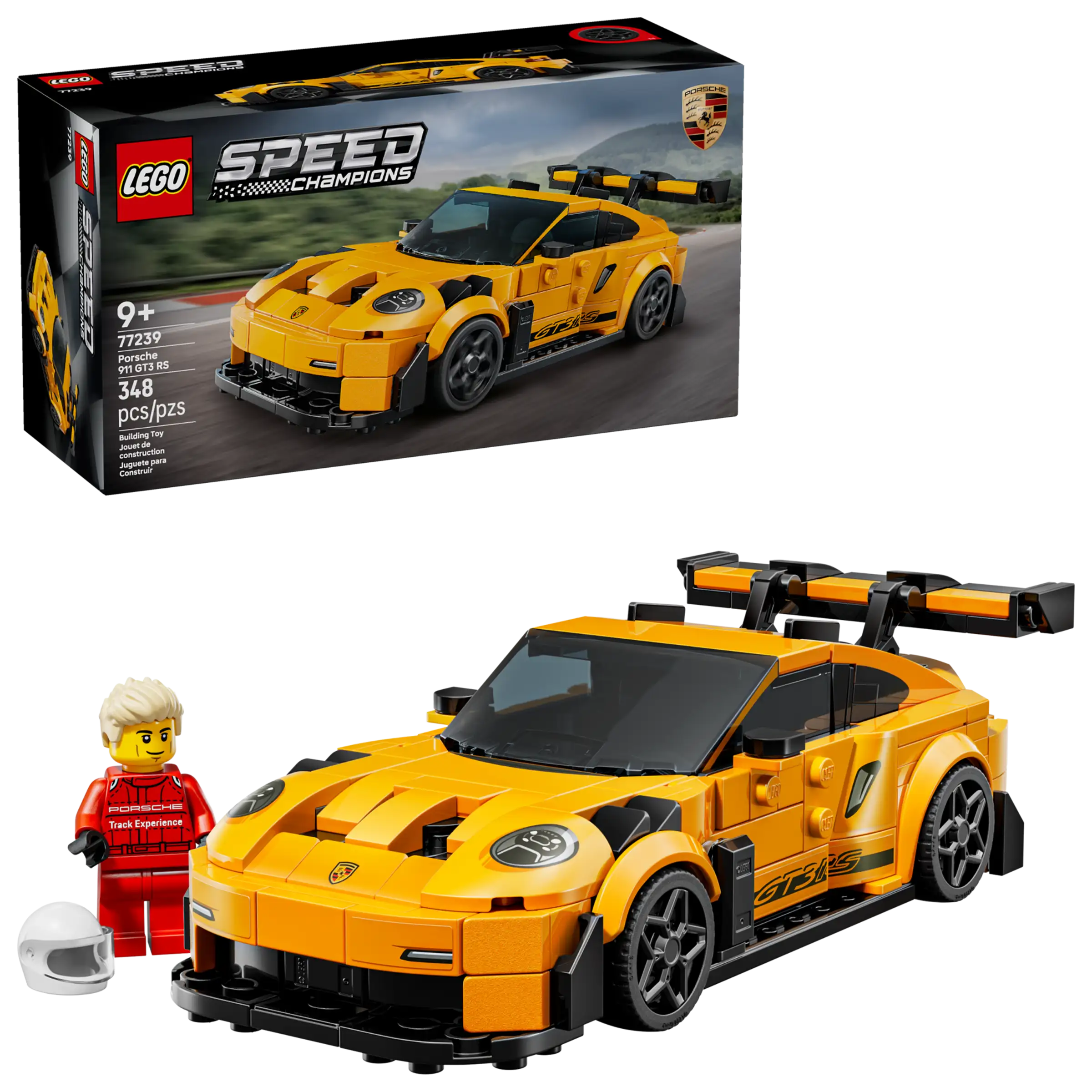 LEGO 77239 Porsche 911 GT3 RS set with packaging and minifigure on a white background