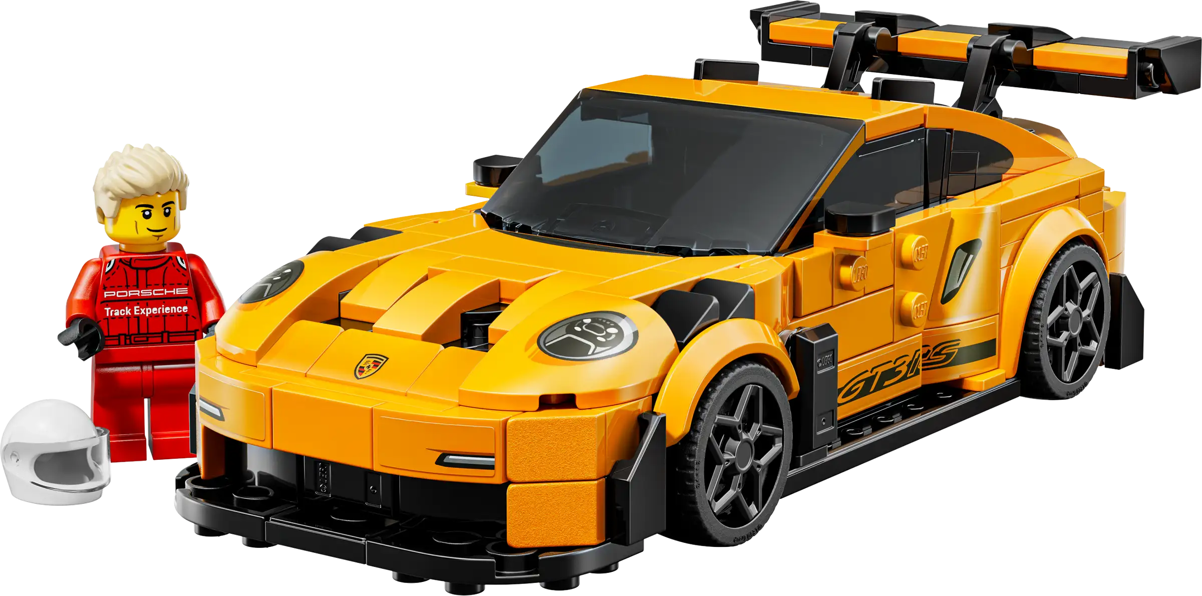 LEGO 77239 Porsche 911 GT3 RS - Yellow sports car model made of interlocking bricks with a small figure next to it on a white background