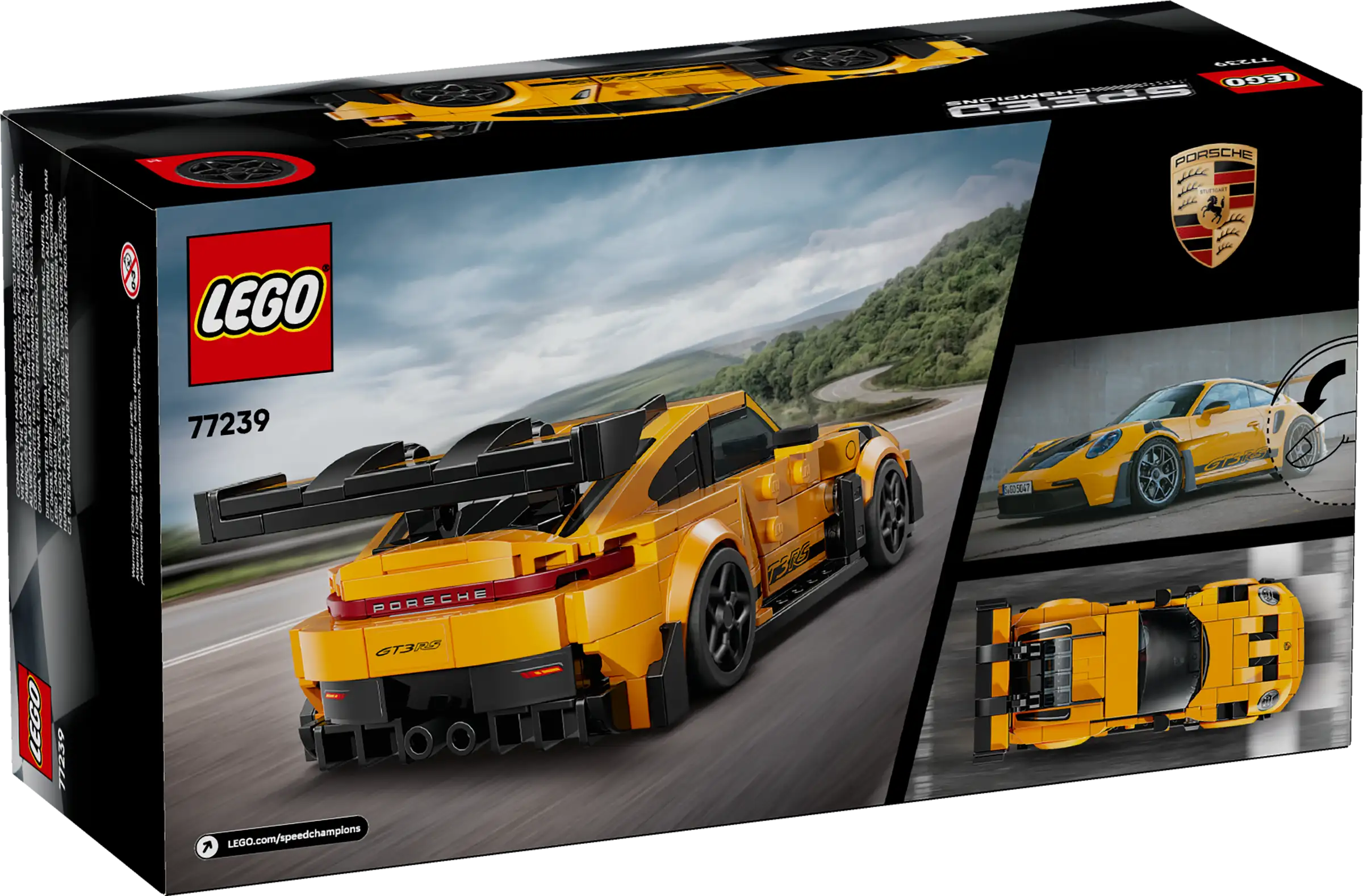 LEGO 77239 Porsche 911 GT3 RS building set packaging with yellow sports car on a road